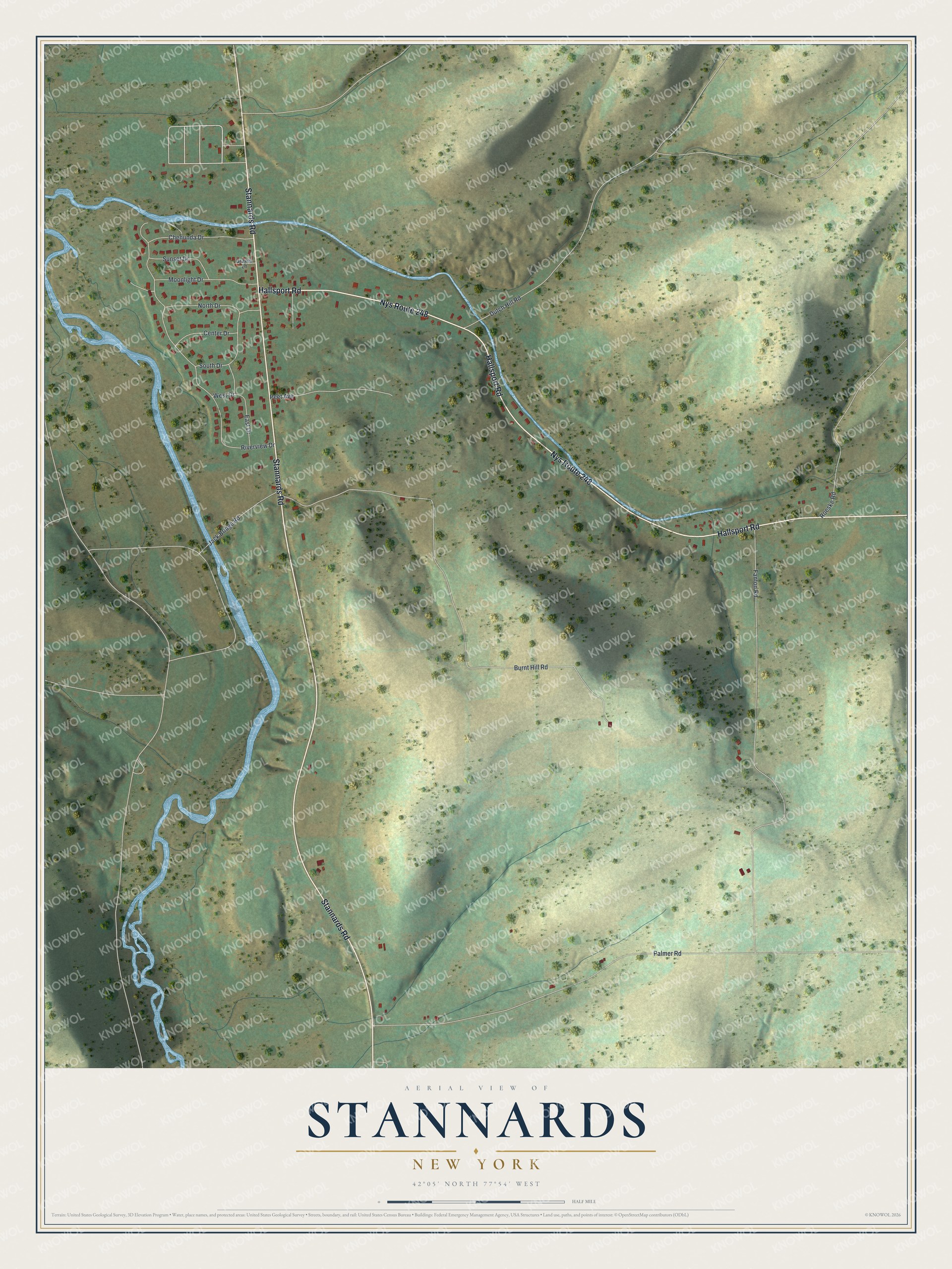 Full map of Stannards, New York, with red buildings, printed street names and the land around them