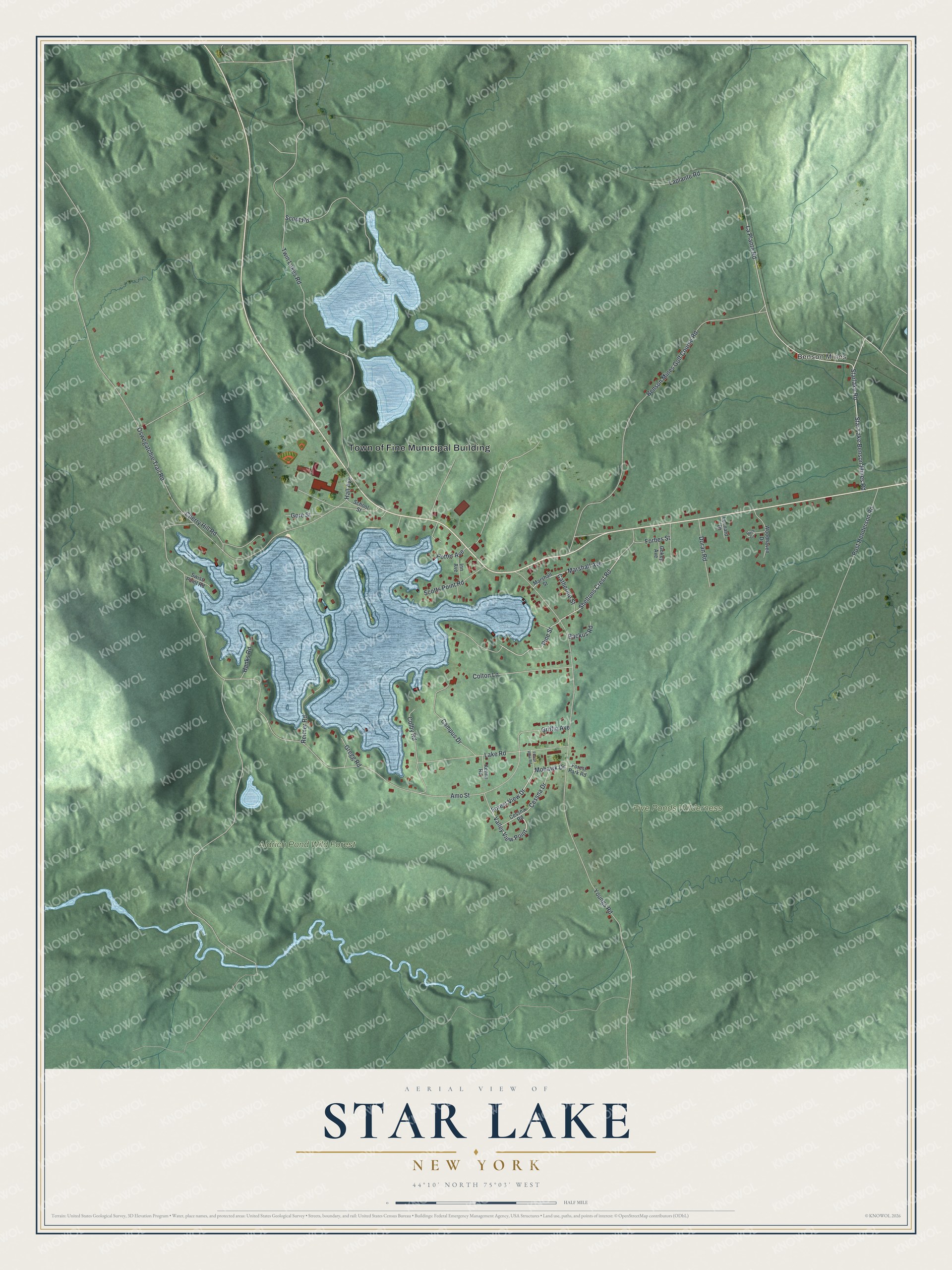 Full map of Star Lake, New York, with red buildings, printed street names and the land around them