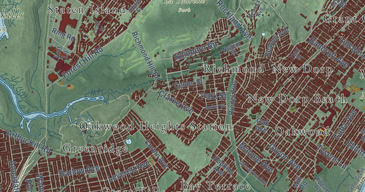 Close-up of streets and buildings in Staten Island, New York