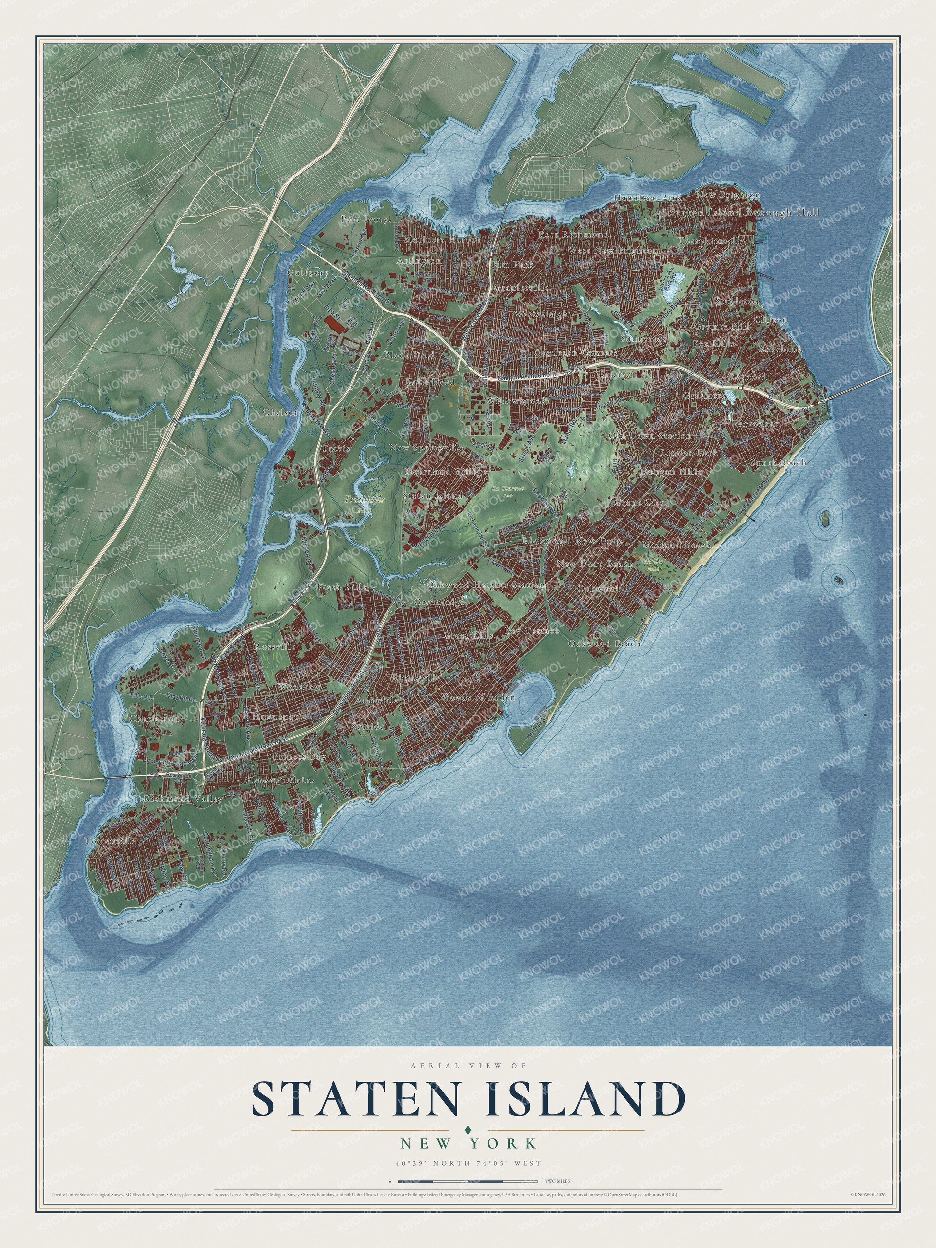 Detailed map of Staten Island, New York, showing streets, buildings, neighborhoods, beaches, and parks