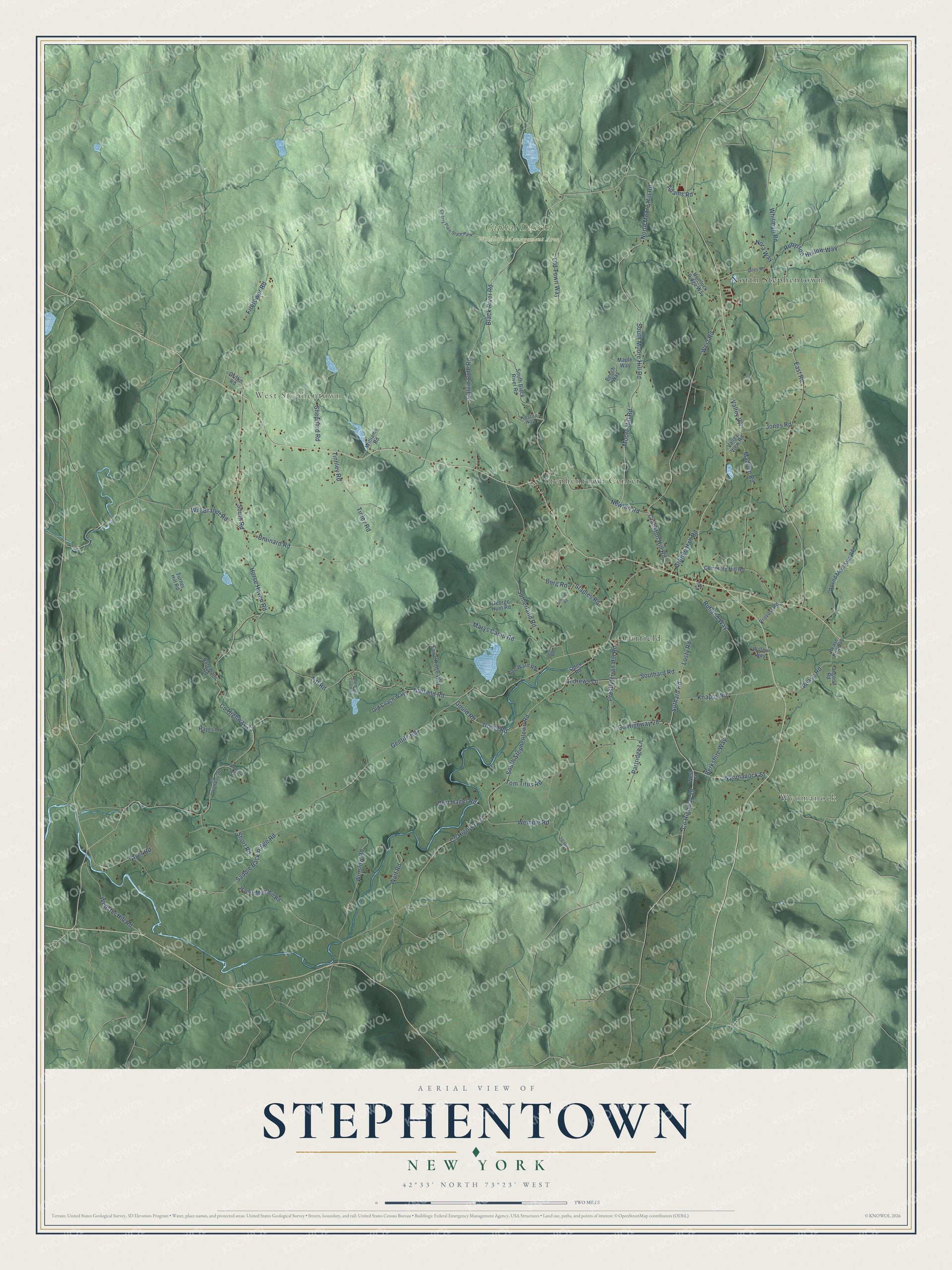 Detailed map of Stephentown, New York, showing streets, buildings, neighborhoods, and parks
