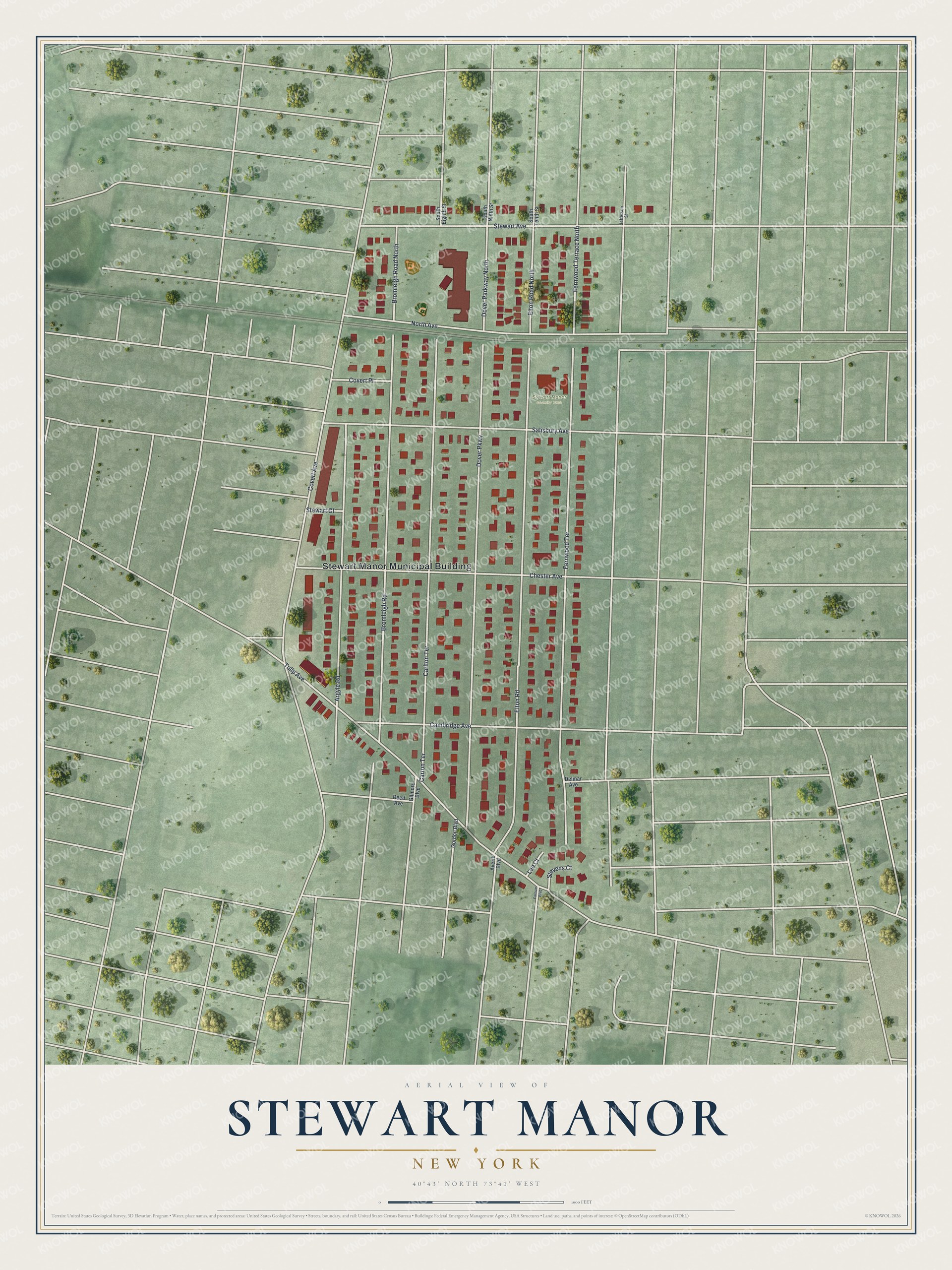 Full map of Stewart Manor, New York, with red buildings, printed street names and the land around them