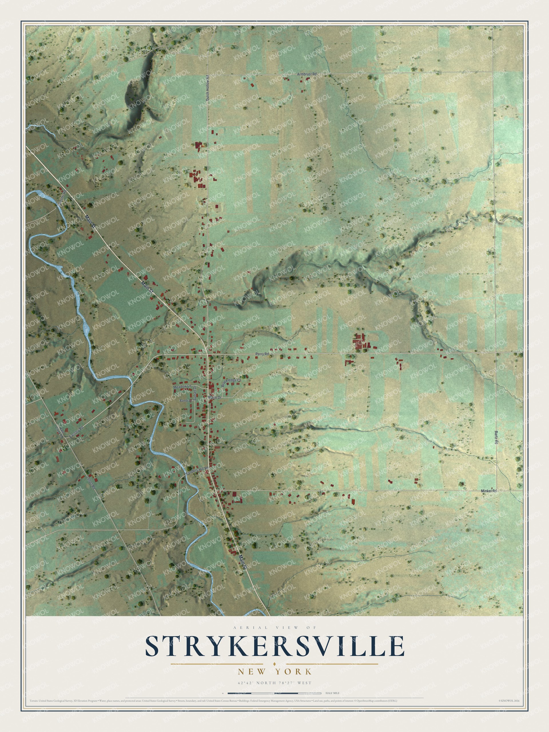 Full map of Strykersville, New York, with red buildings, printed street names and the land around them
