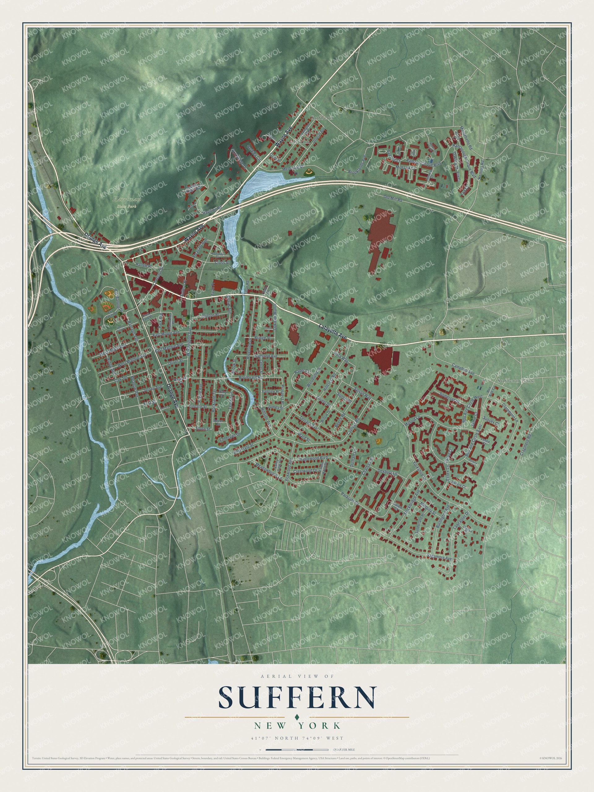 Detailed map of Suffern, New York, showing streets, buildings, neighborhoods, and parks