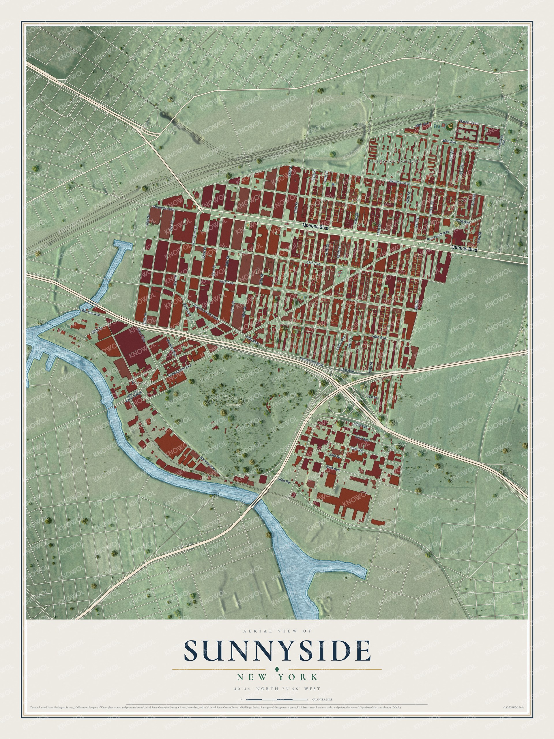 Full map of Sunnyside, New York, with red buildings, printed street names and the land around them