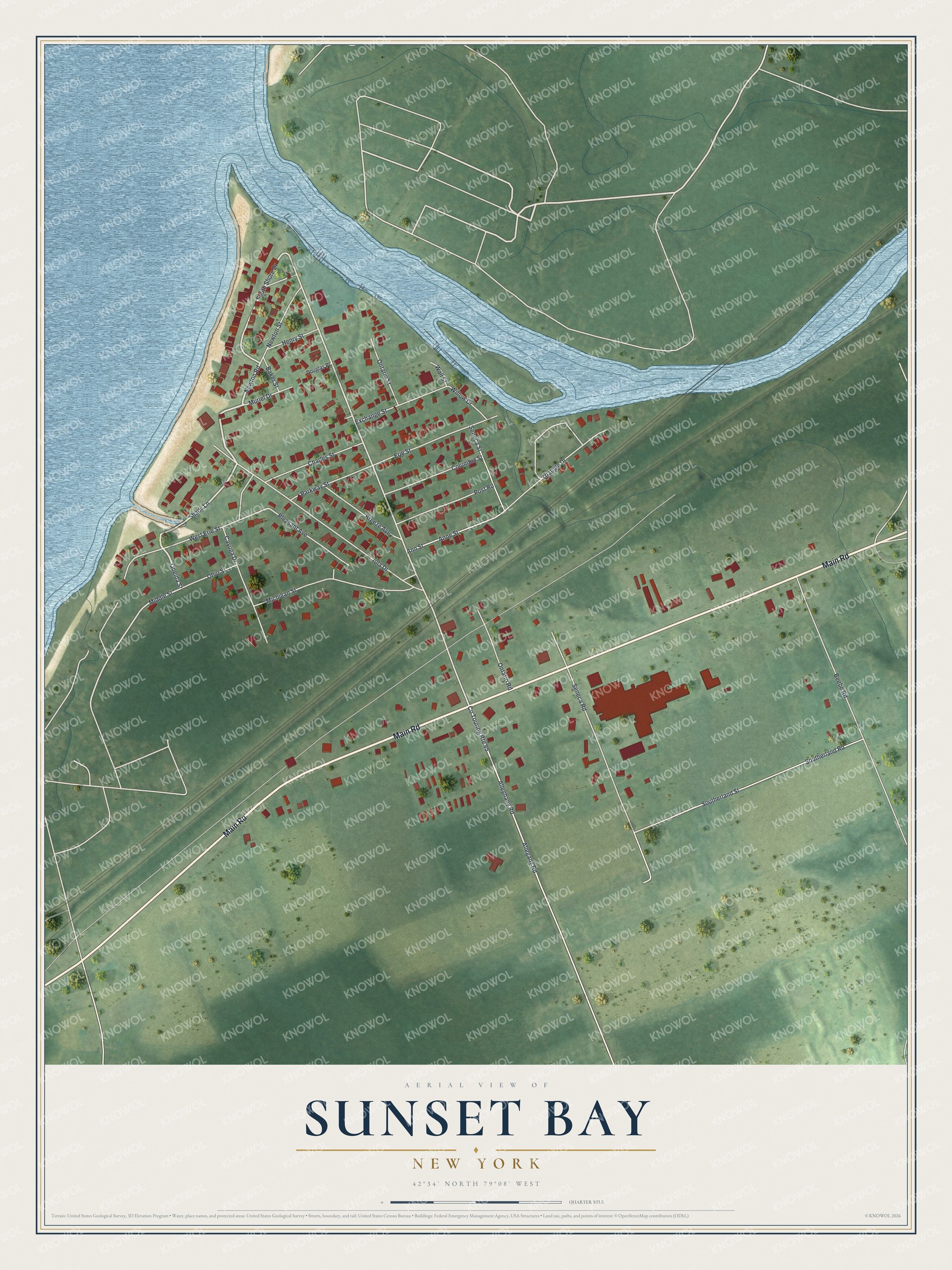 Full map of Sunset Bay, New York, with red buildings, printed street names and the land around them