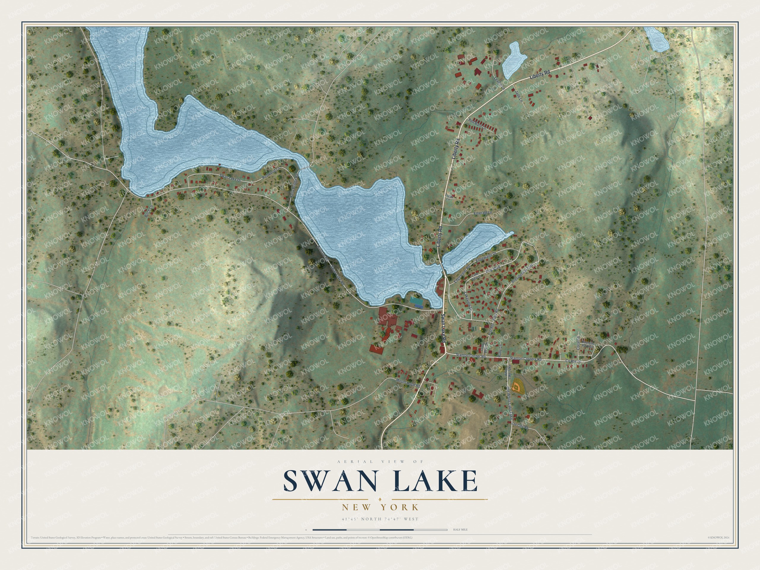 Full map of Swan Lake, New York, with red buildings, printed street names and the land around them