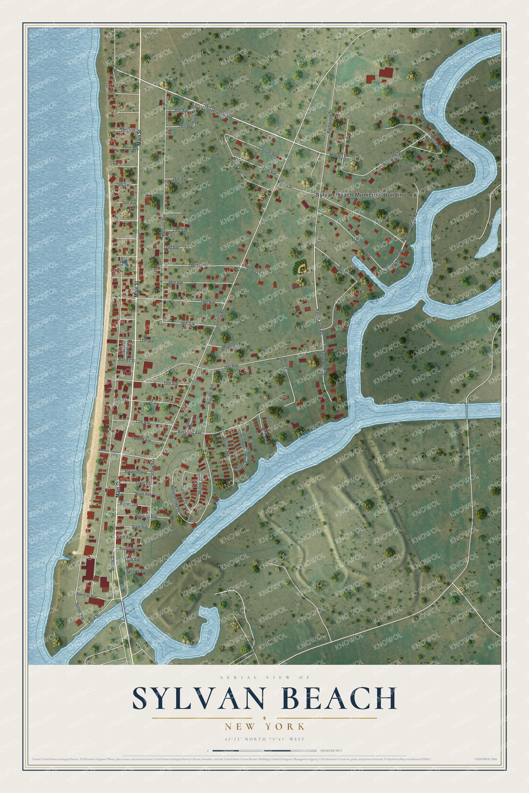 Full map of Sylvan Beach, New York, with red buildings, printed street names and the land around them