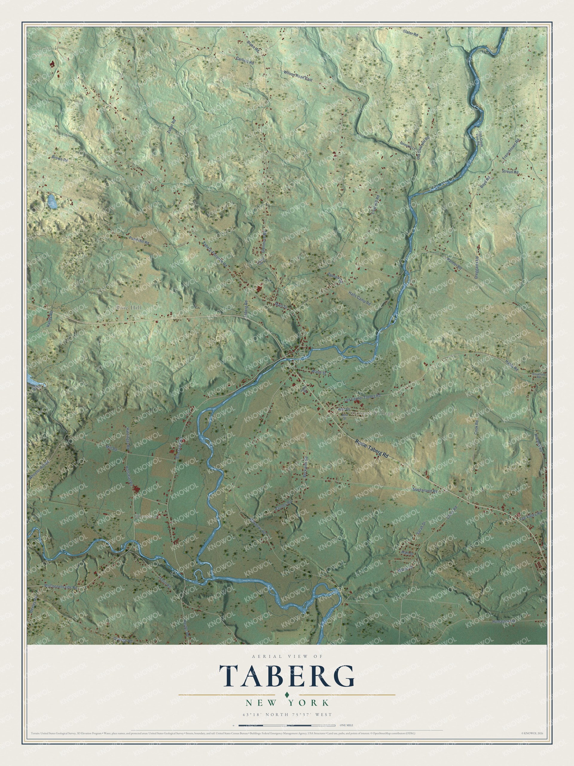 Full map of Taberg, New York, with red buildings, printed street names and the land around them
