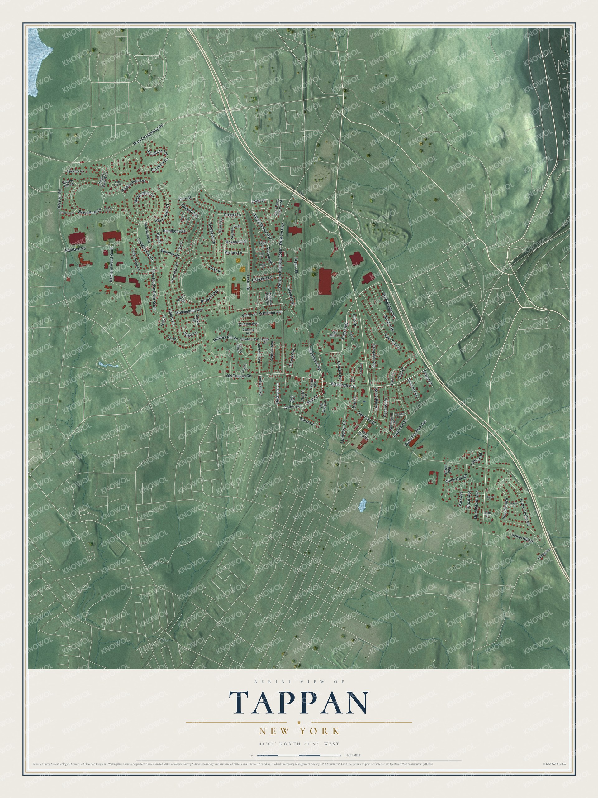 Full map of Tappan, New York, with red buildings, printed street names and the land around them