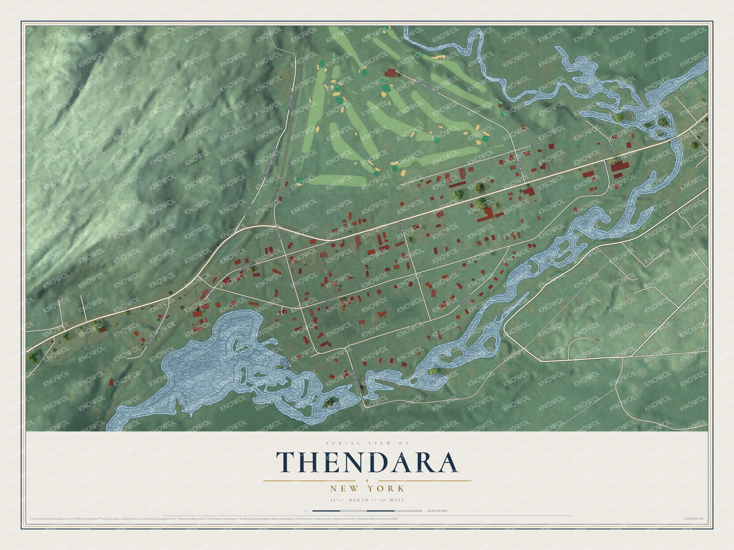 Full map of Thendara, New York, with red buildings, printed street names and the land around them