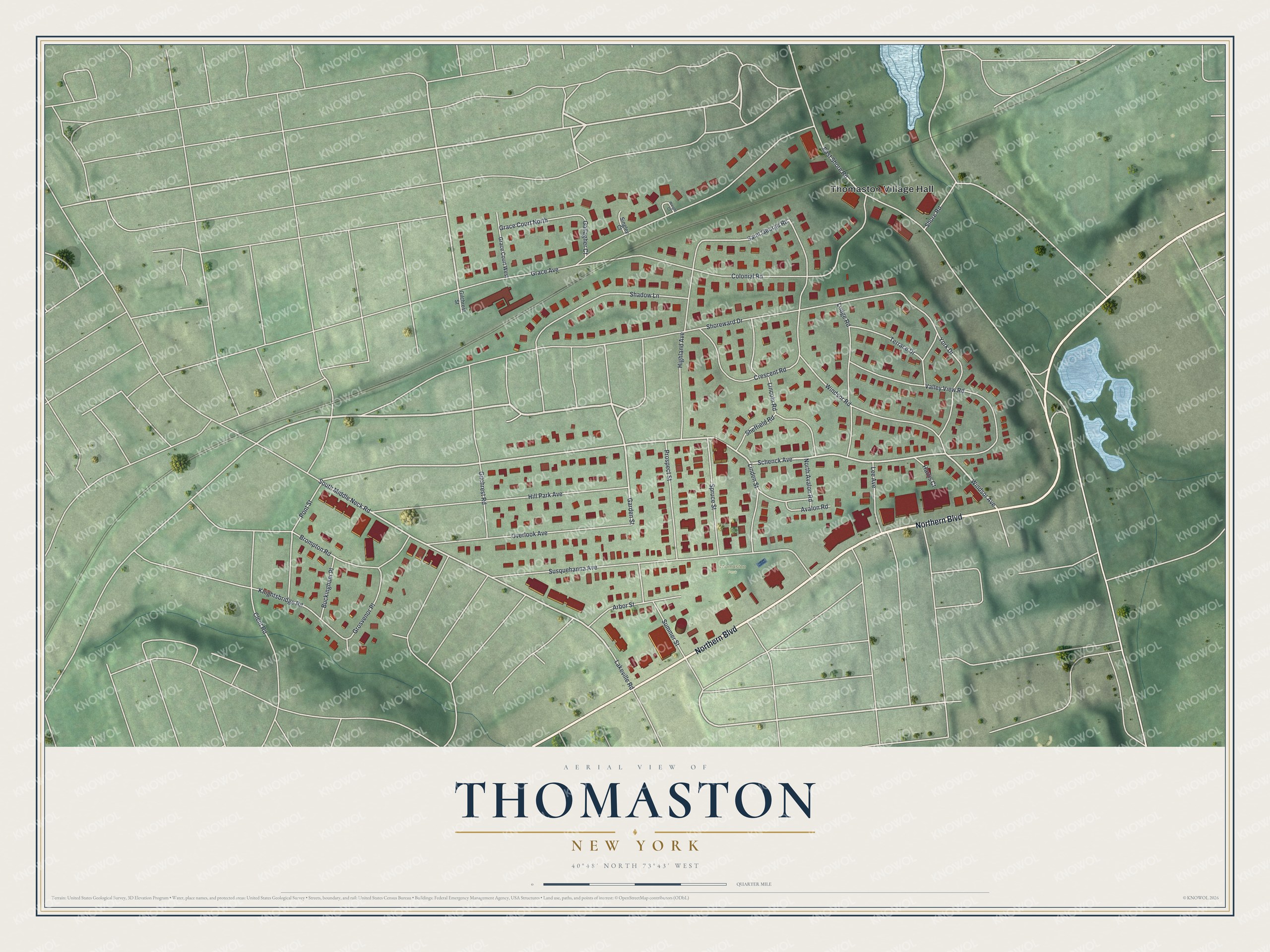 Full map of Thomaston, New York, with red buildings, printed street names and the land around them