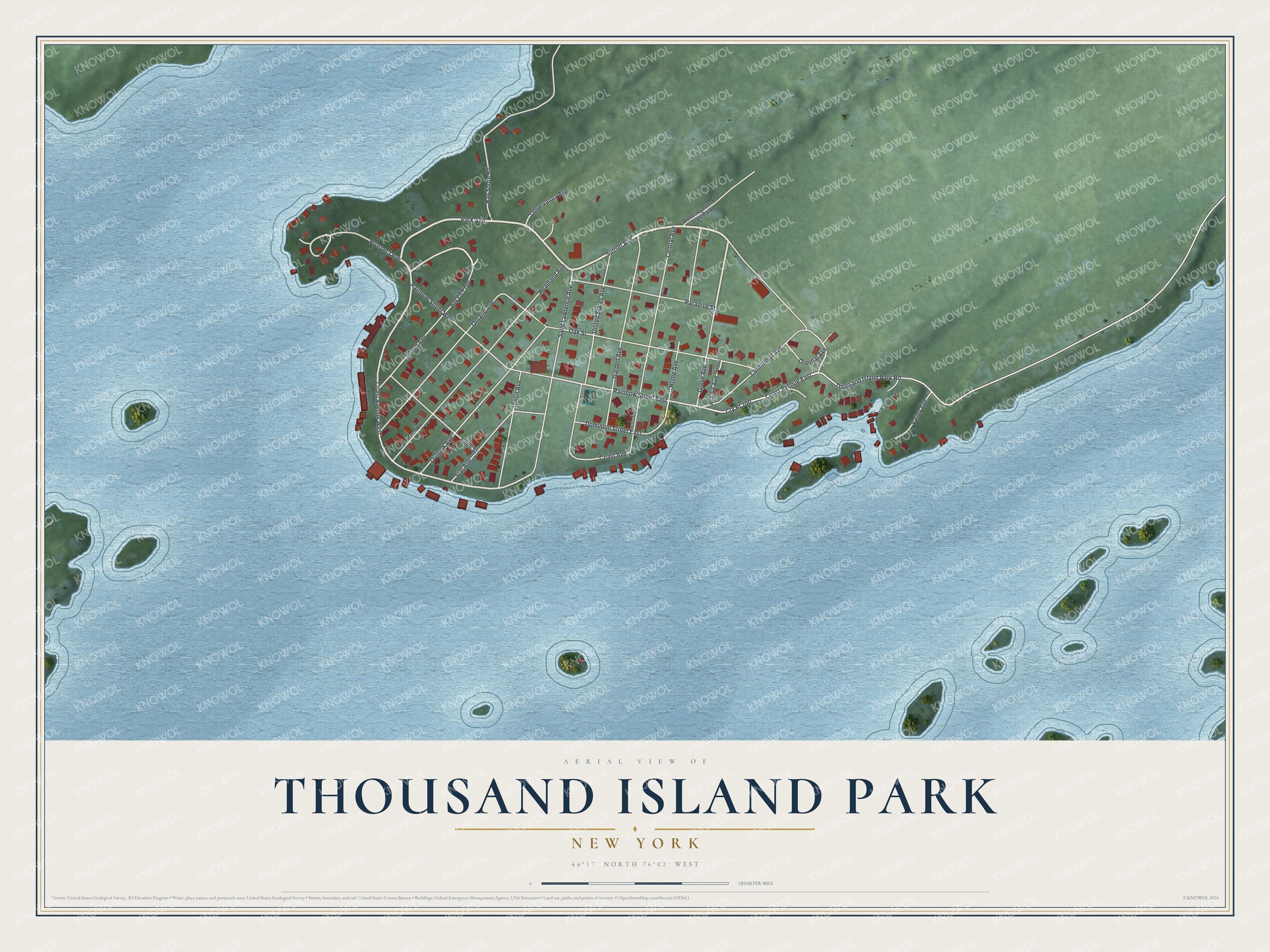 Full map of Thousand Island Park, New York, with red buildings, printed street names and the land around them