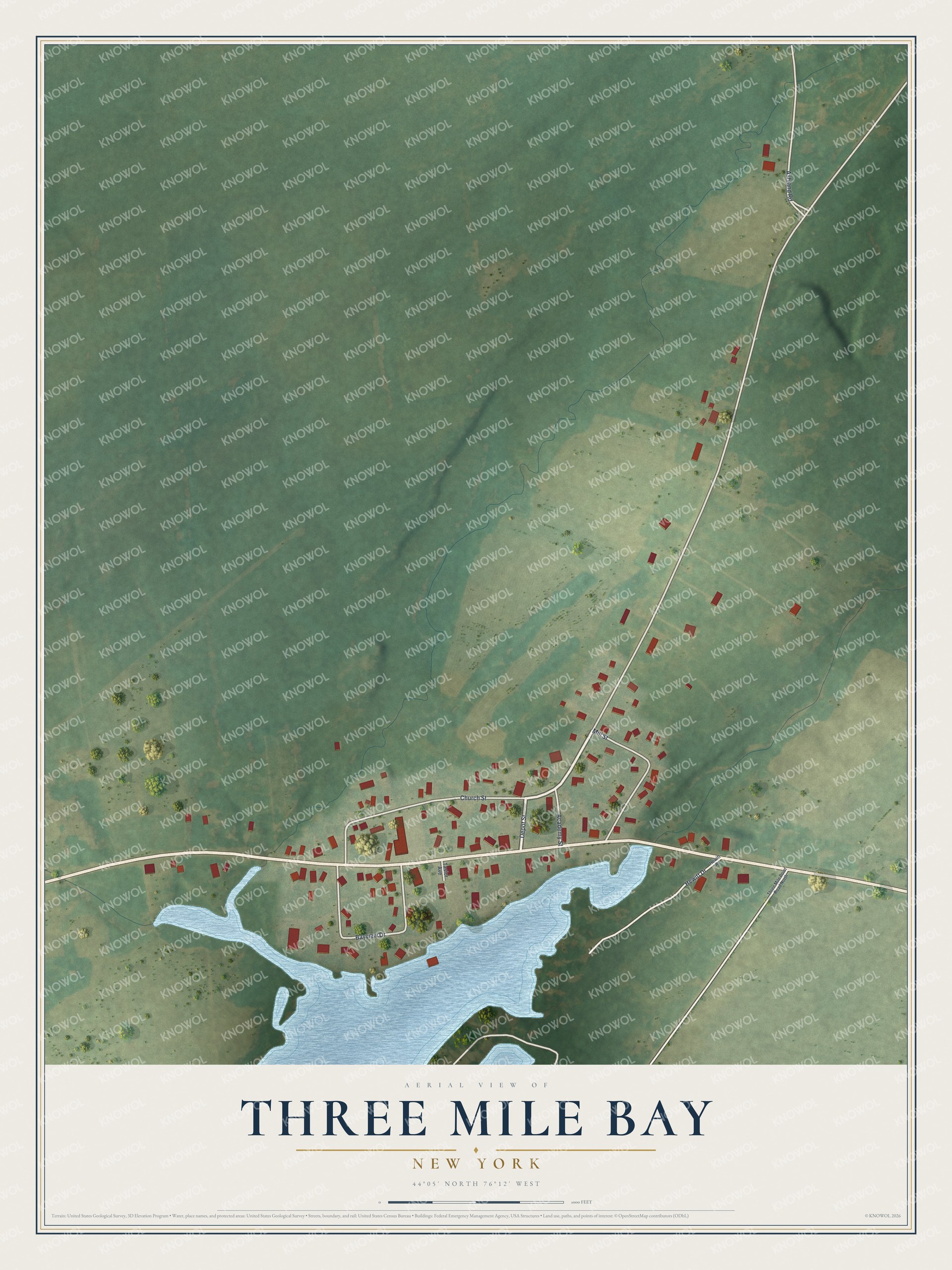 Full map of Three Mile Bay, New York, with red buildings, printed street names and the land around them
