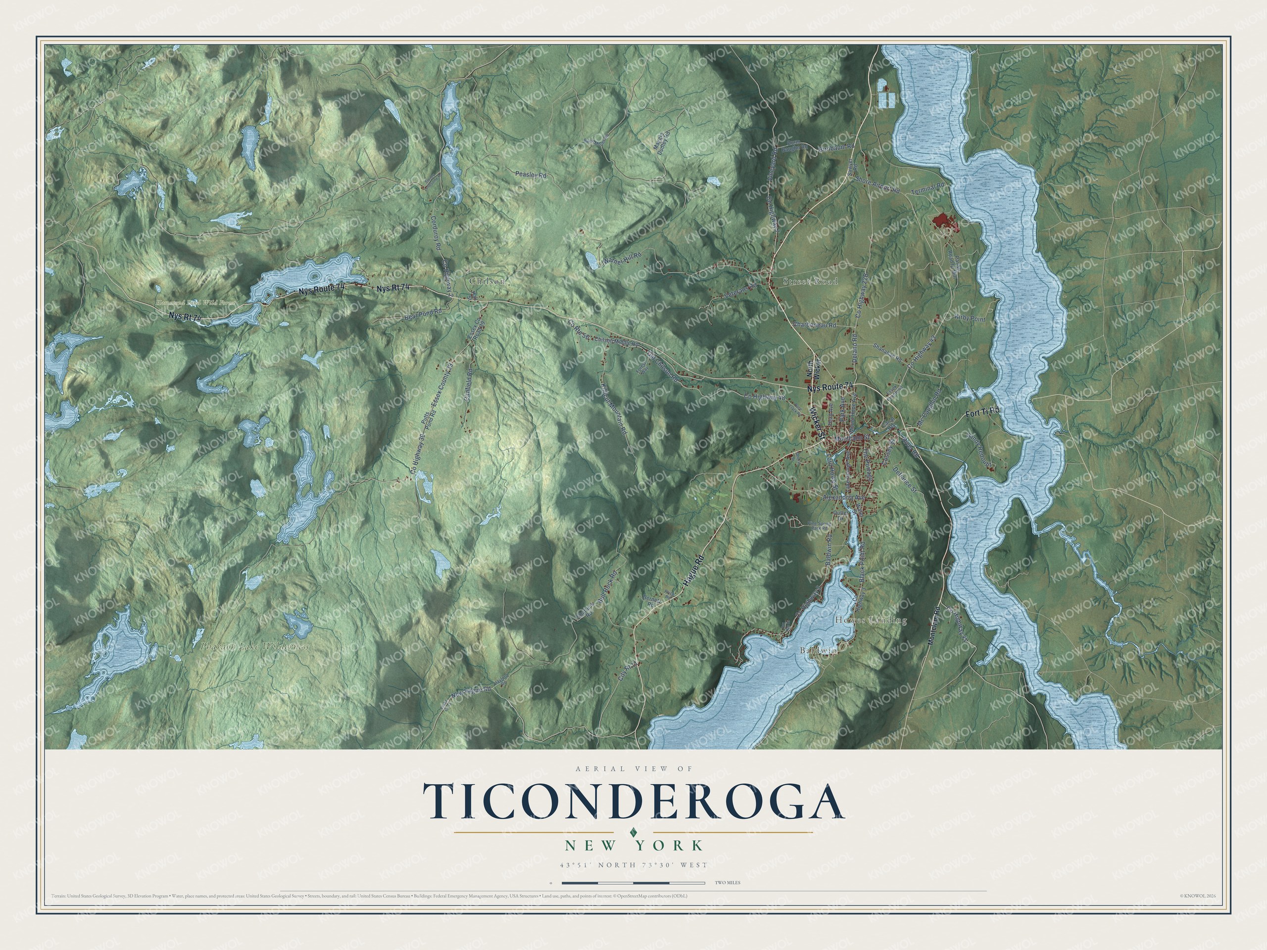 Detailed map of Ticonderoga, New York, showing streets, buildings, neighborhoods, and parks
