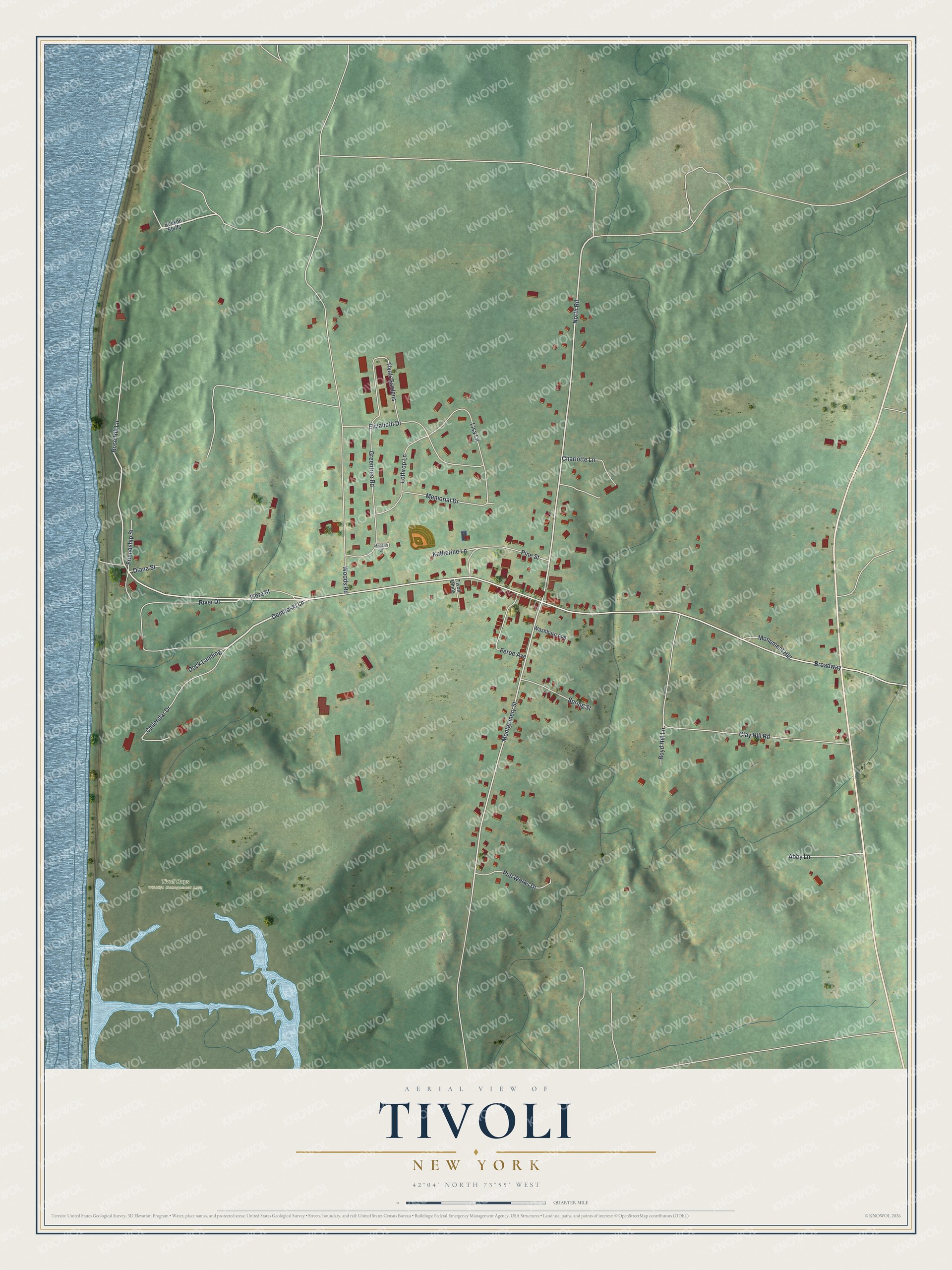 Full map of Tivoli, New York, with red buildings, printed street names and the land around them