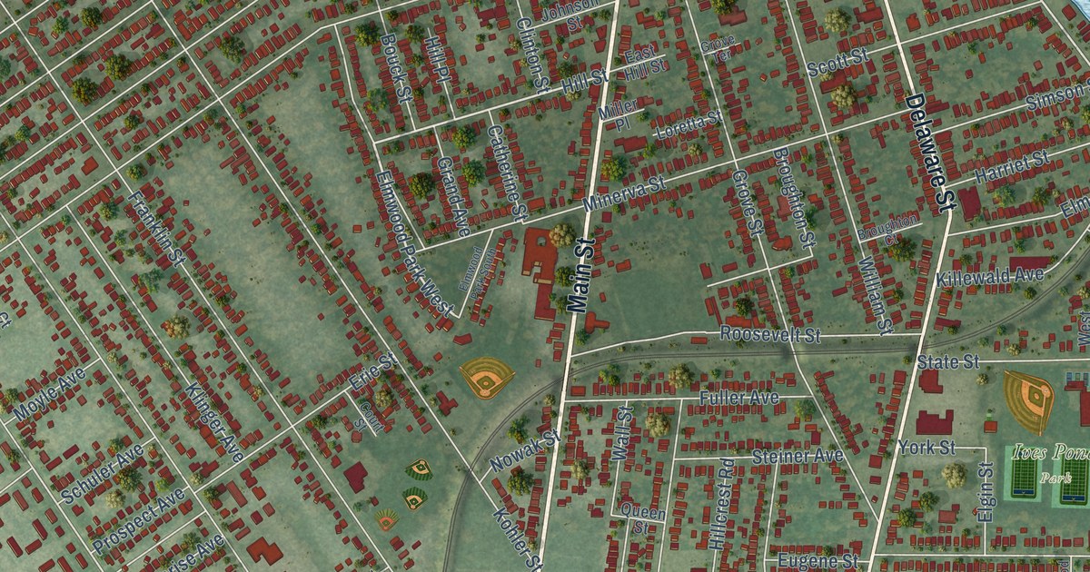 Close-up of streets and buildings in the City of Tonawanda, Erie County, New York