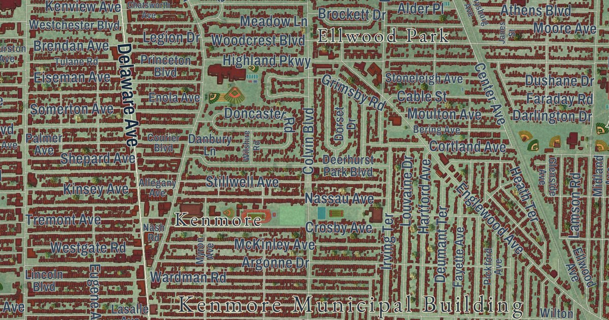 Close-up of streets and buildings in the Town of Tonawanda, Erie County, New York