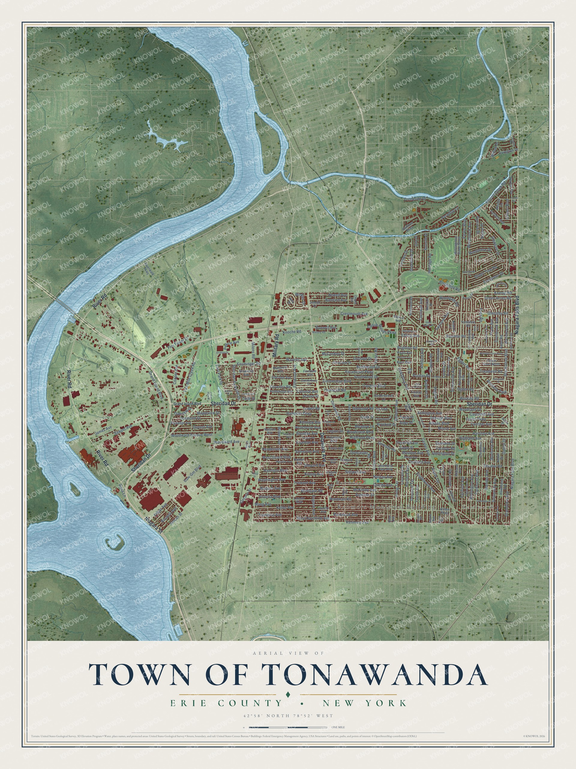 Detailed map of the Town of Tonawanda, Erie County, New York, showing streets, buildings, neighborhoods, and parks
