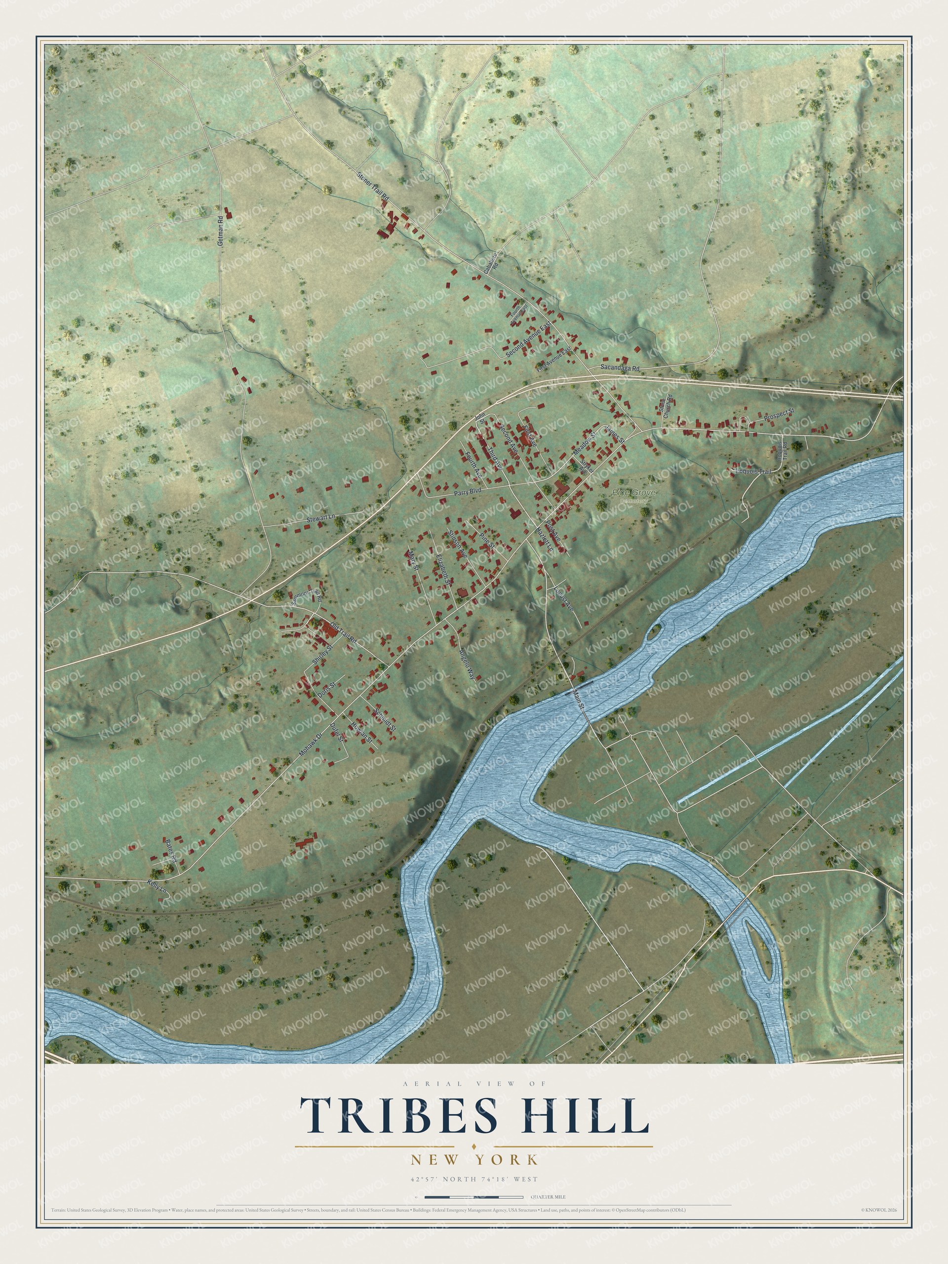 Full map of Tribes Hill, New York, with red buildings, printed street names and the land around them