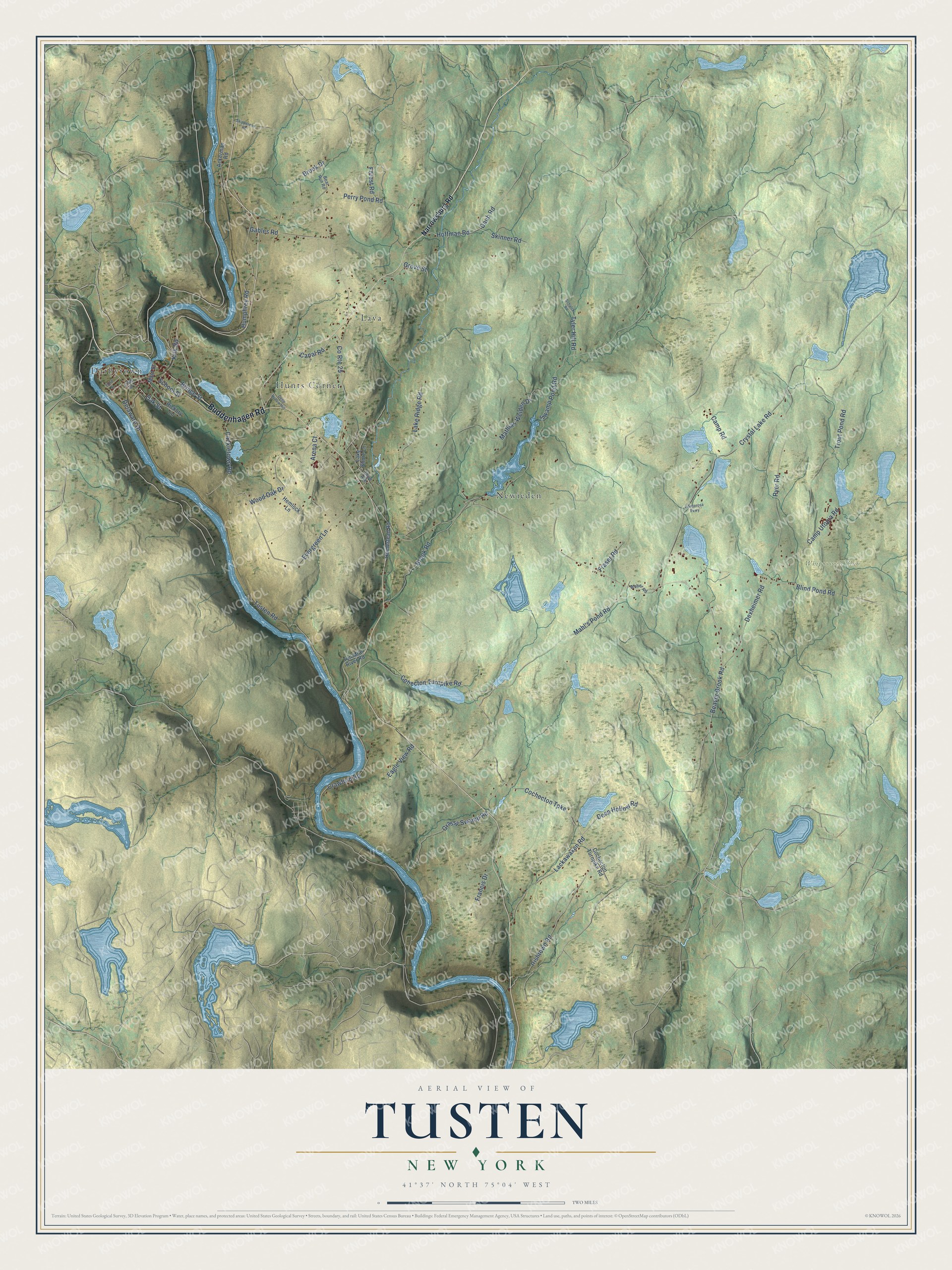 Detailed map of Tusten, New York, showing streets, buildings, and neighborhoods