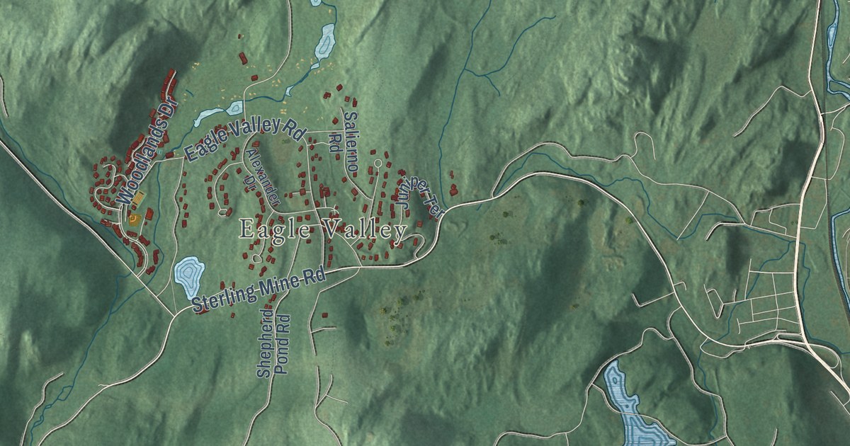 Close-up of streets and buildings in the Town of Tuxedo, New York