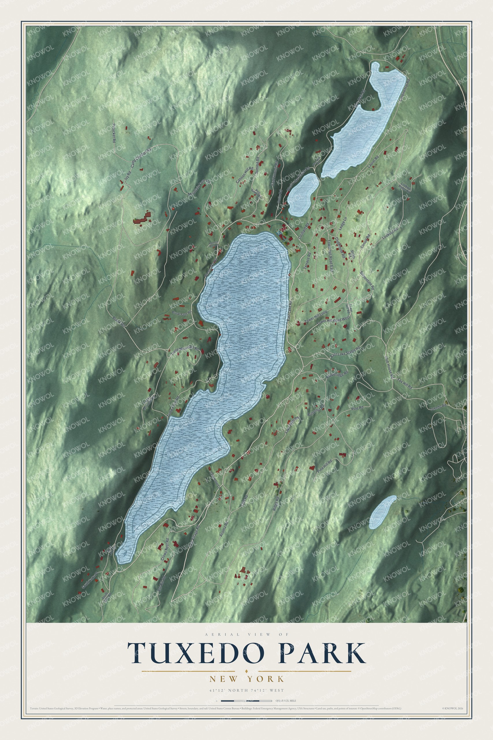 Full map of Tuxedo Park, New York, with red buildings, printed street names and the land around them