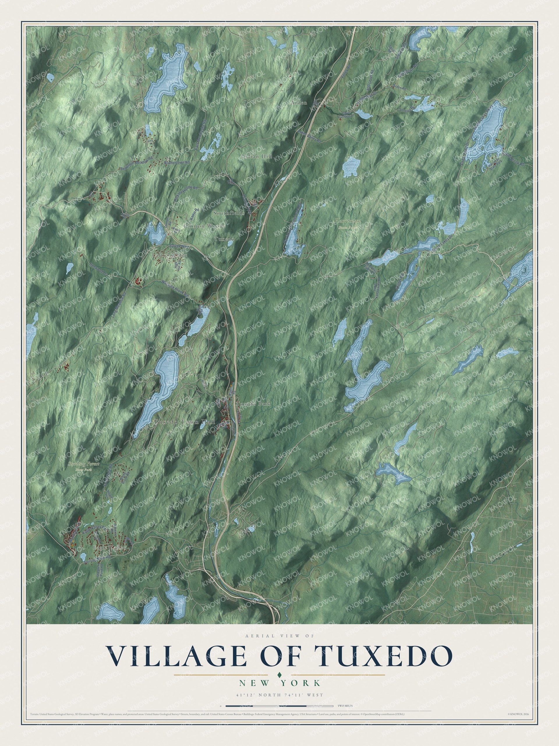 Detailed map of the Village of Tuxedo, New York, showing streets, buildings, neighborhoods, and parks