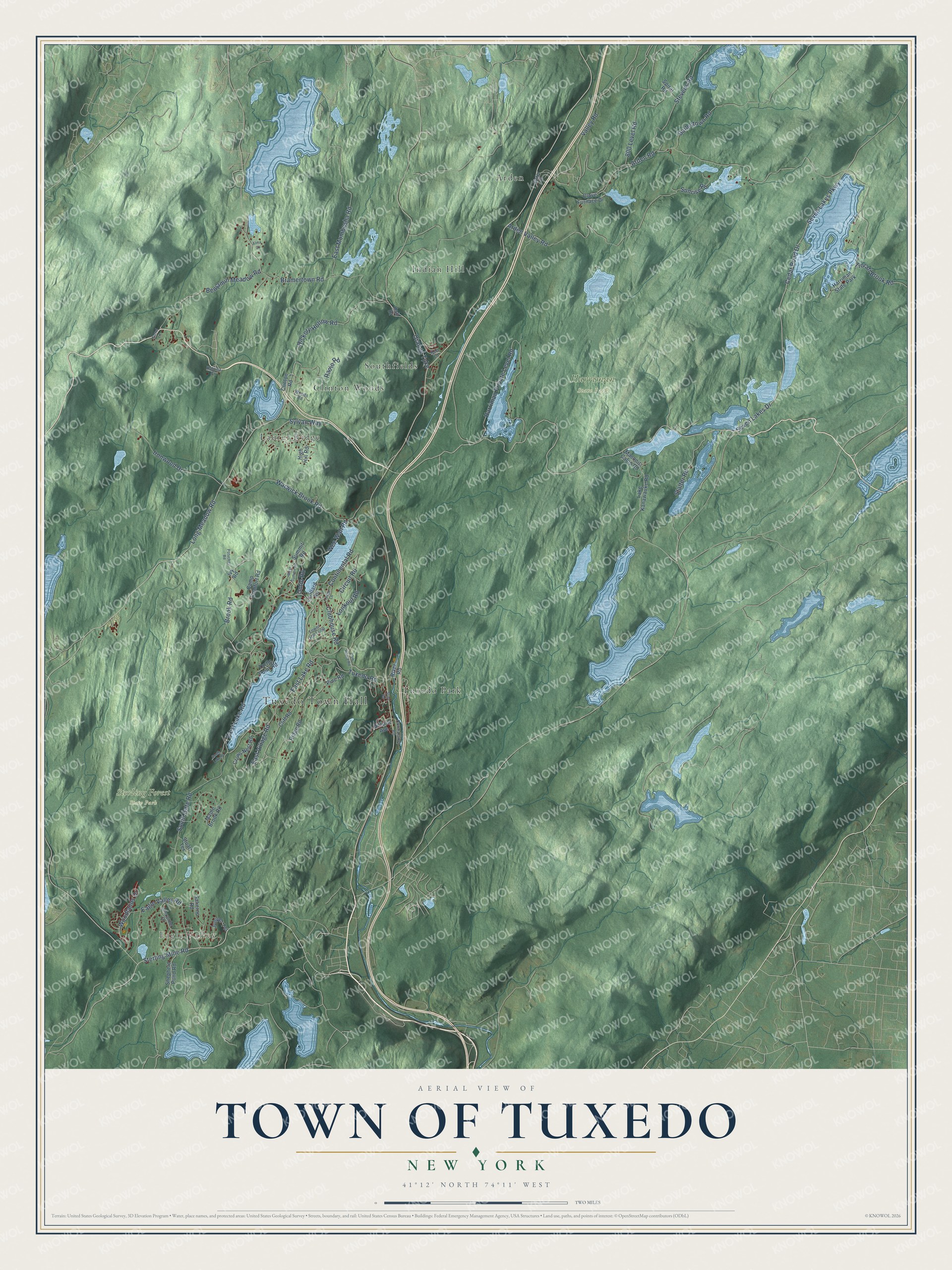 Detailed map of Tuxedo, New York, showing streets, buildings, neighborhoods, and parks
