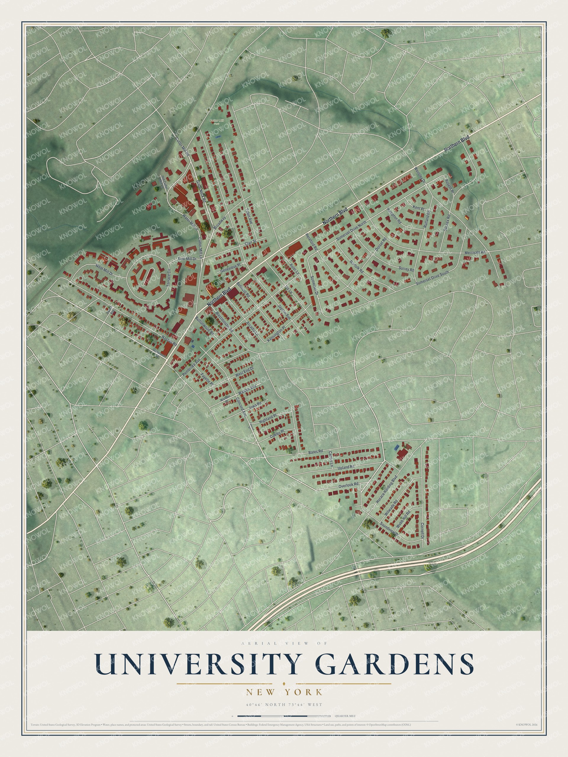 Full map of University Gardens, New York, with red buildings, printed street names and the land around them
