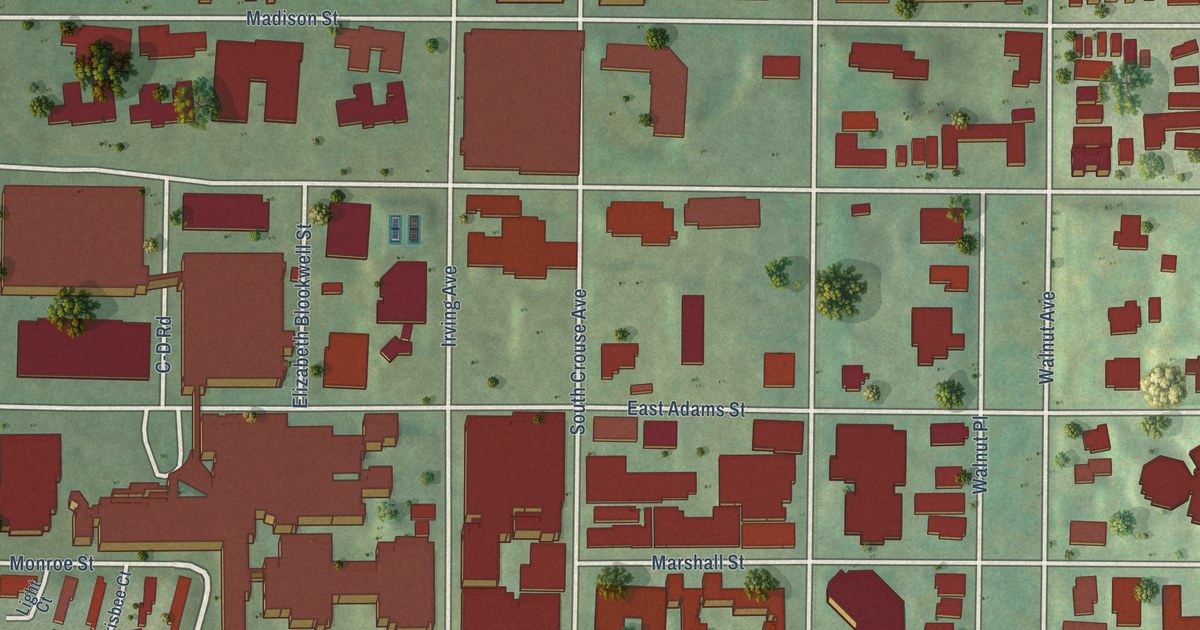 Close-up of streets and buildings in University Hill, New York