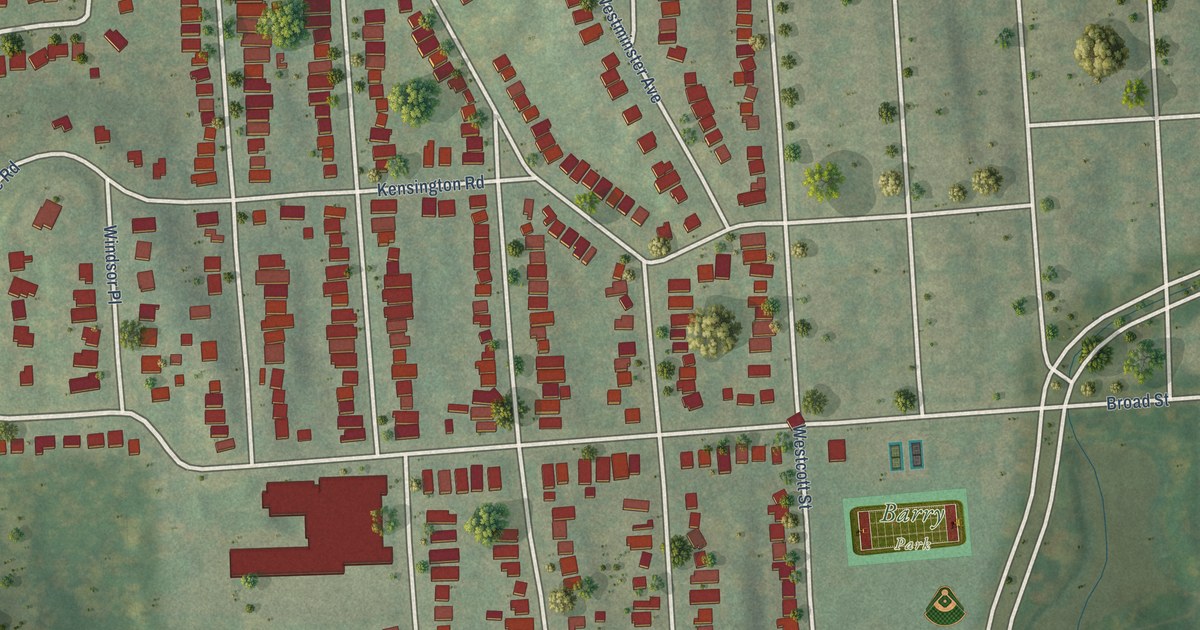 Close-up of streets and buildings in University Neighborhood, New York