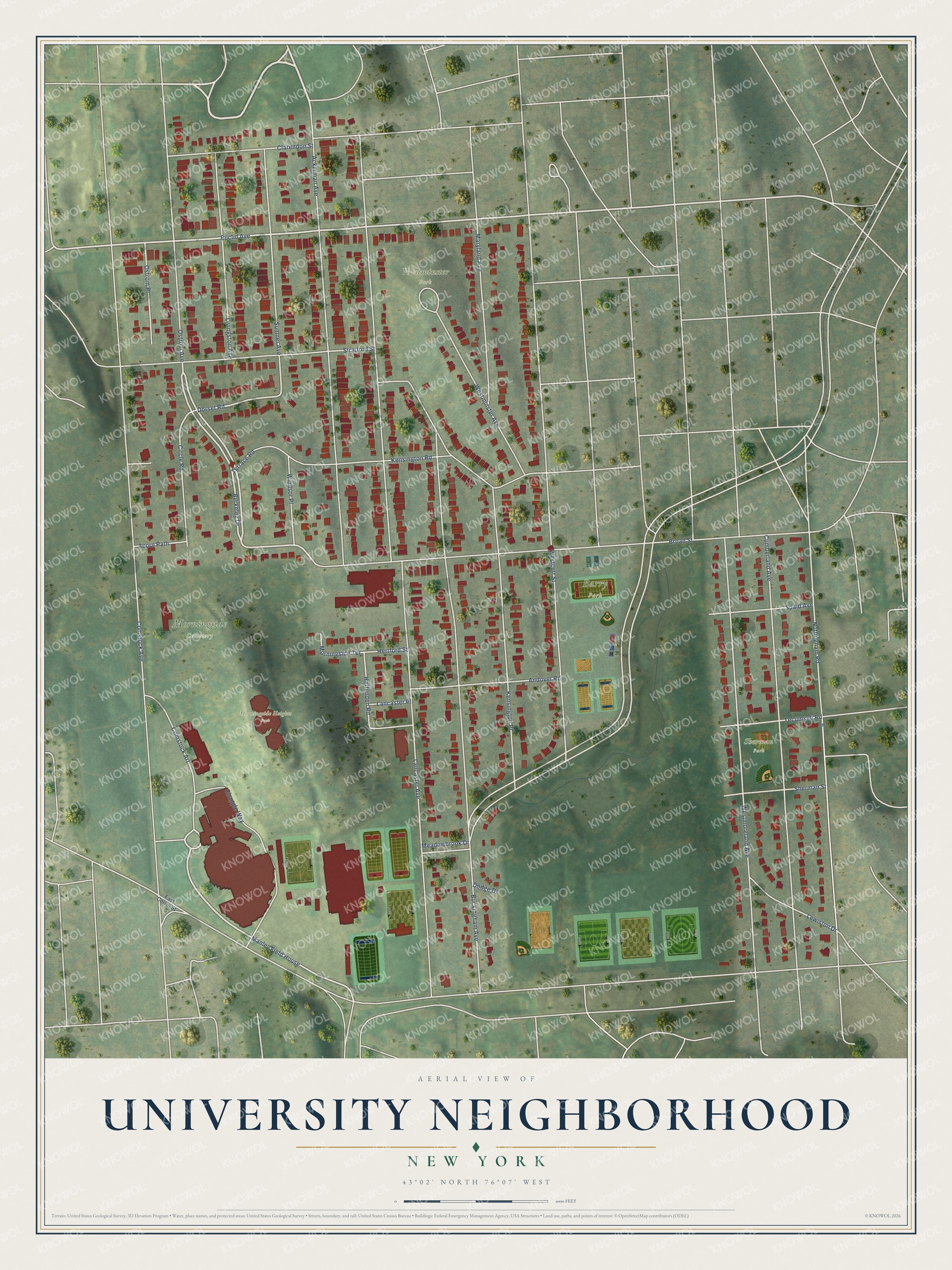 Full map of University Neighborhood, New York, with red buildings, printed street names and the land around them