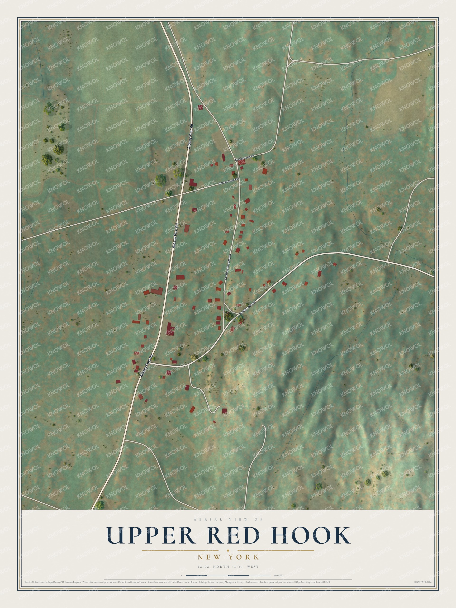 Full map of Upper Red Hook, New York, with red buildings, printed street names and the land around them