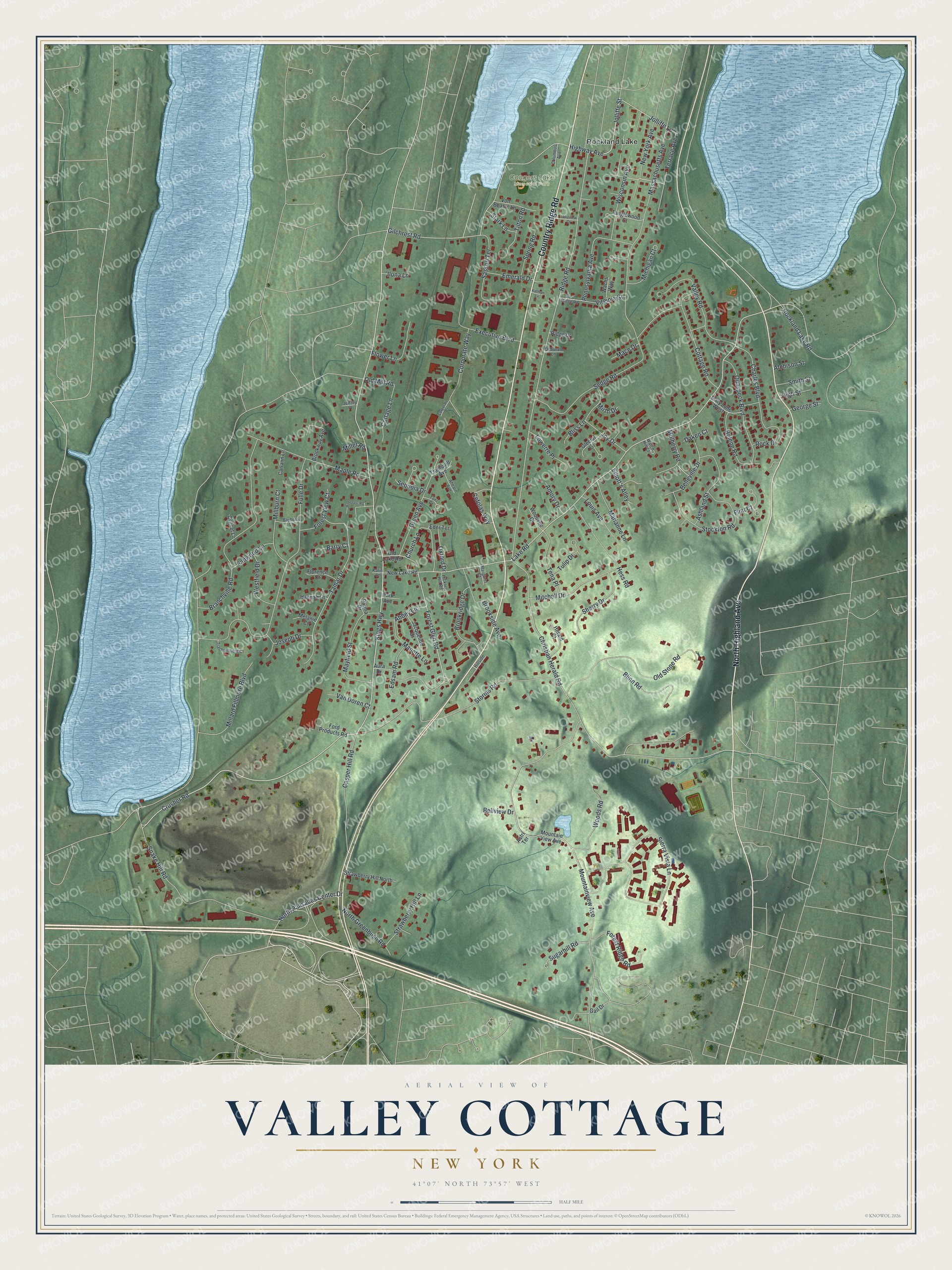 Full map of Valley Cottage, New York, with red buildings, printed street names and the land around them