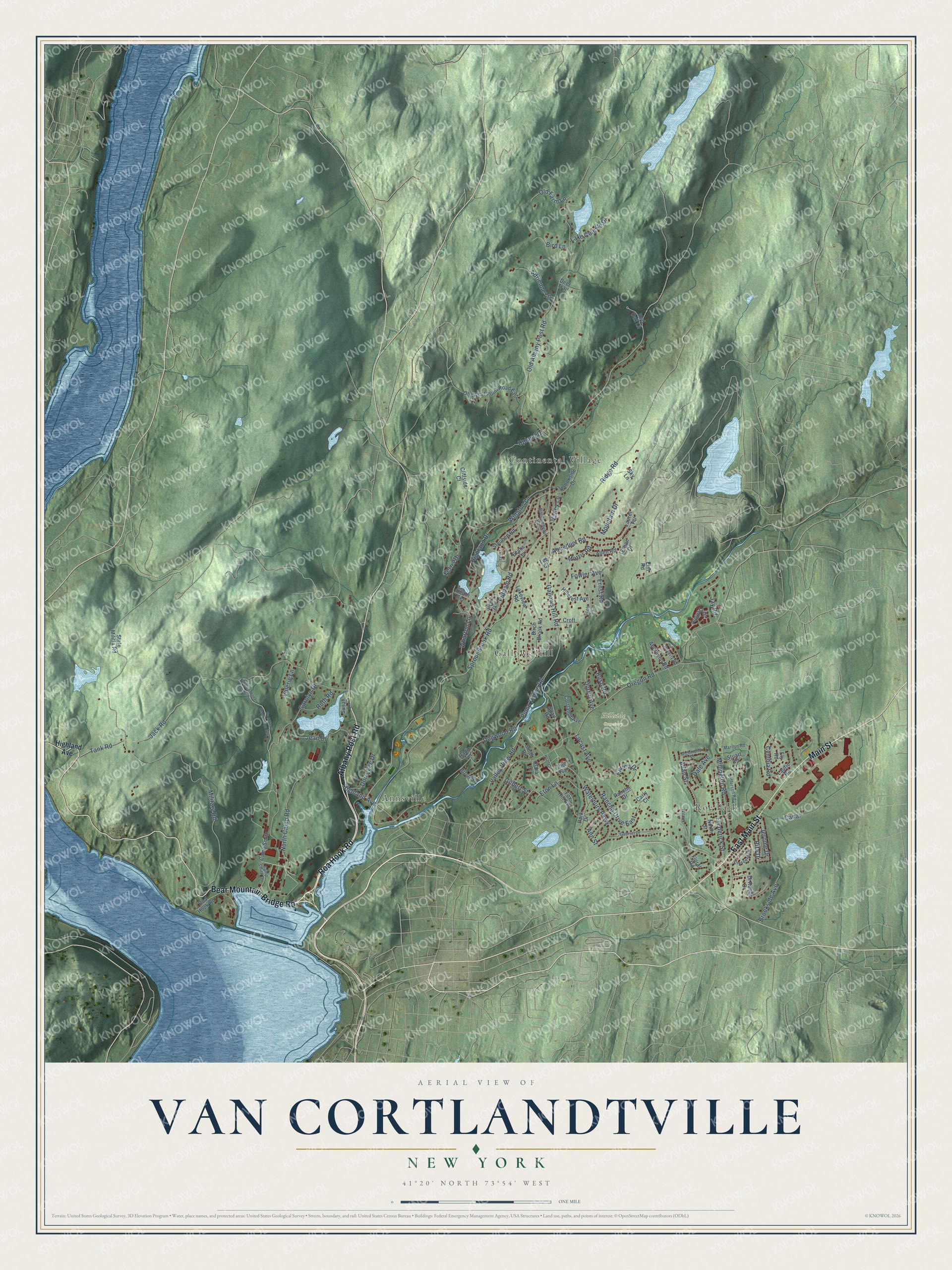 Full map of Van Cortlandtville, New York, with red buildings, printed street names and the land around them