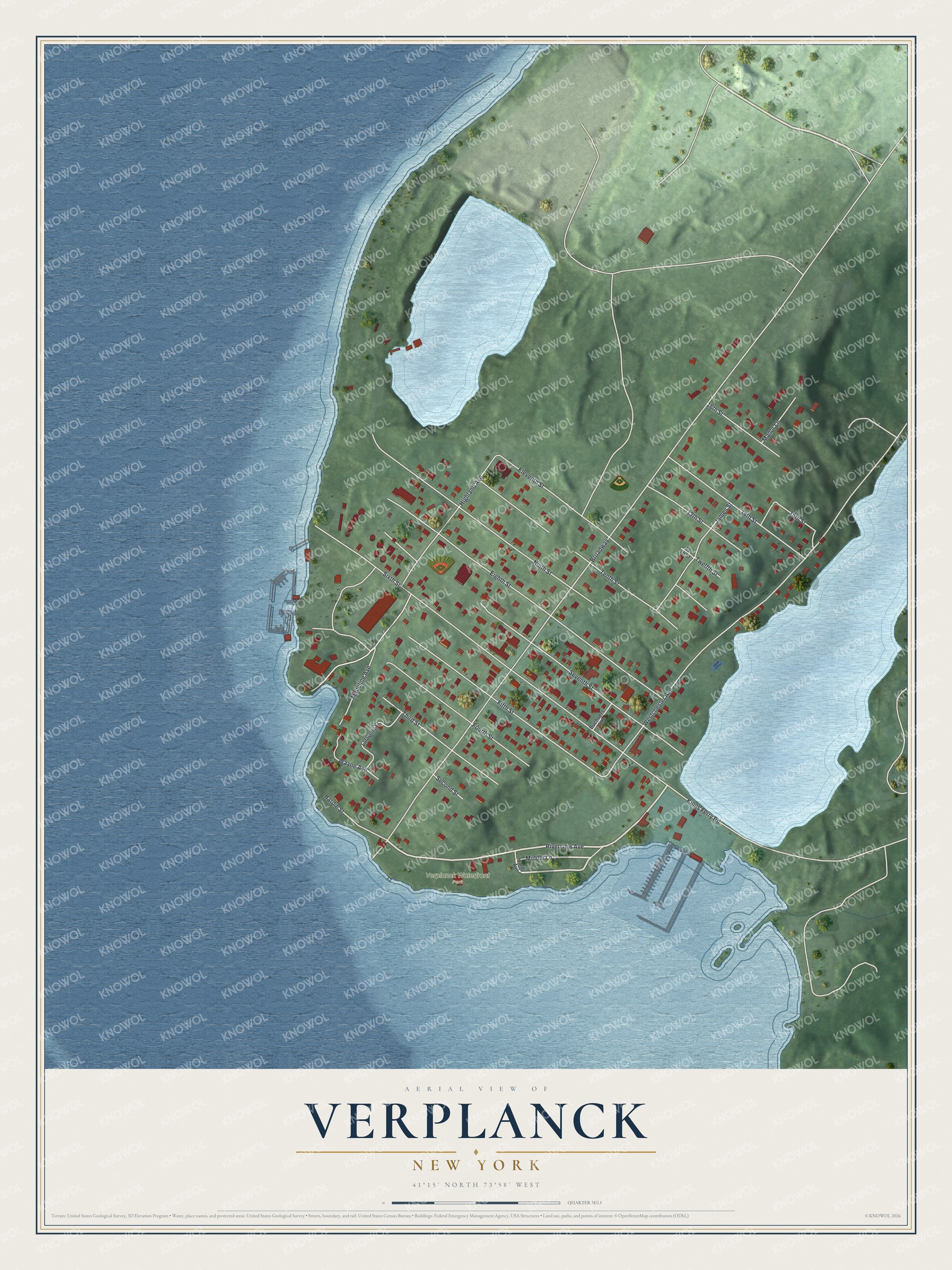 Full map of Verplanck, New York, with red buildings, printed street names and the land around them
