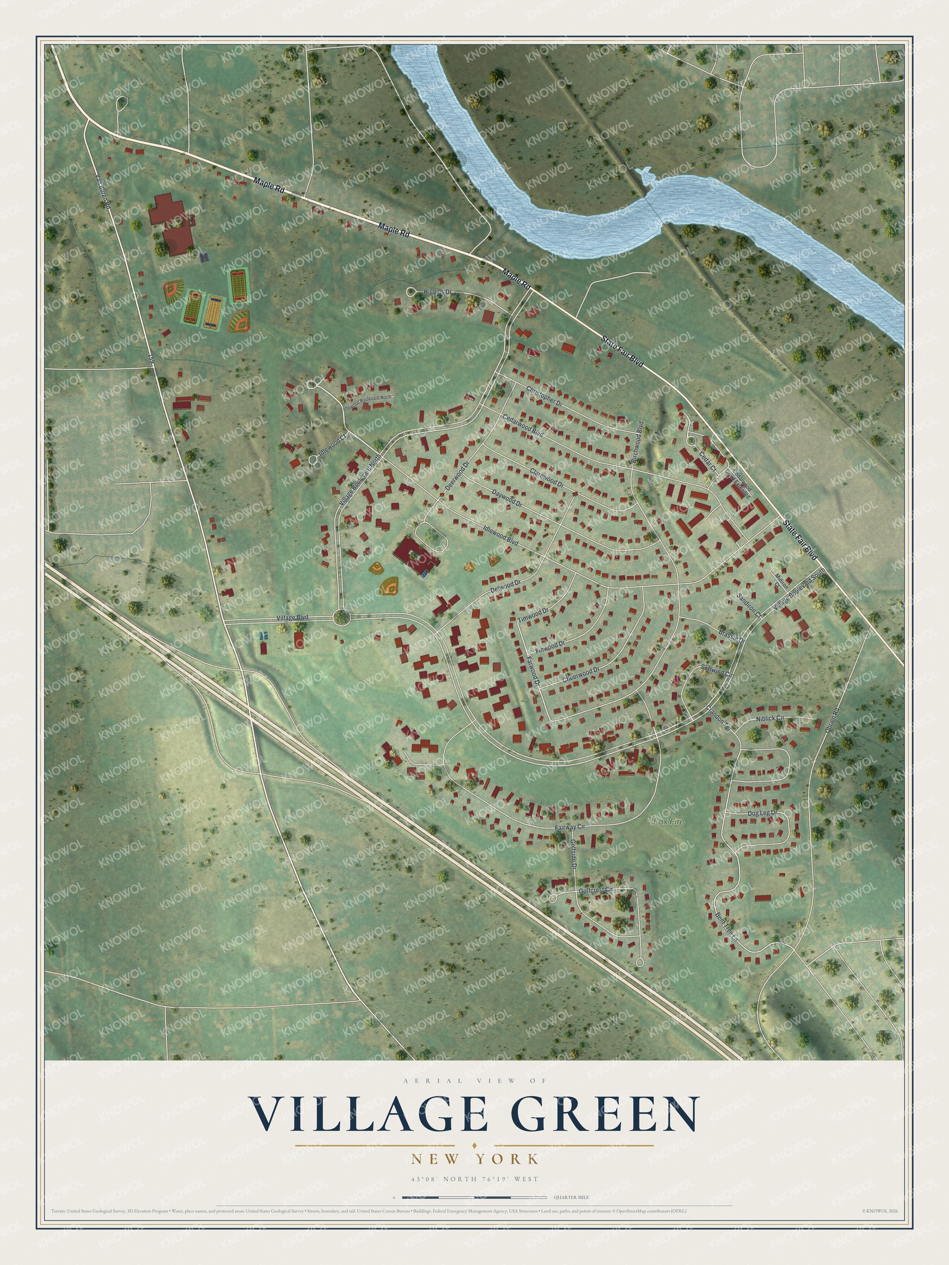 Full map of Village Green, New York, with red buildings, printed street names and the land around them