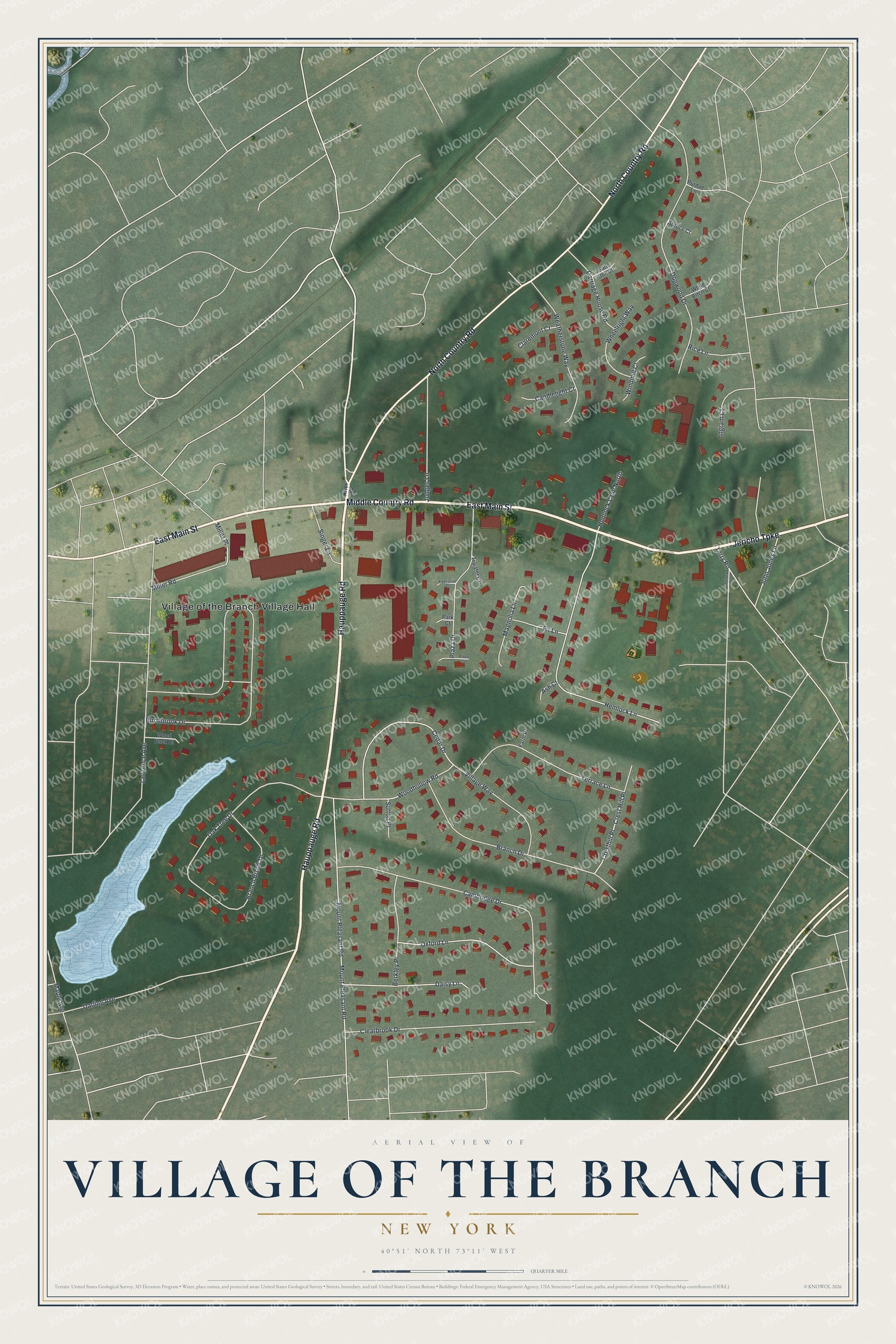 Full map of Village of the Branch, New York, with red buildings, printed street names and the land around them