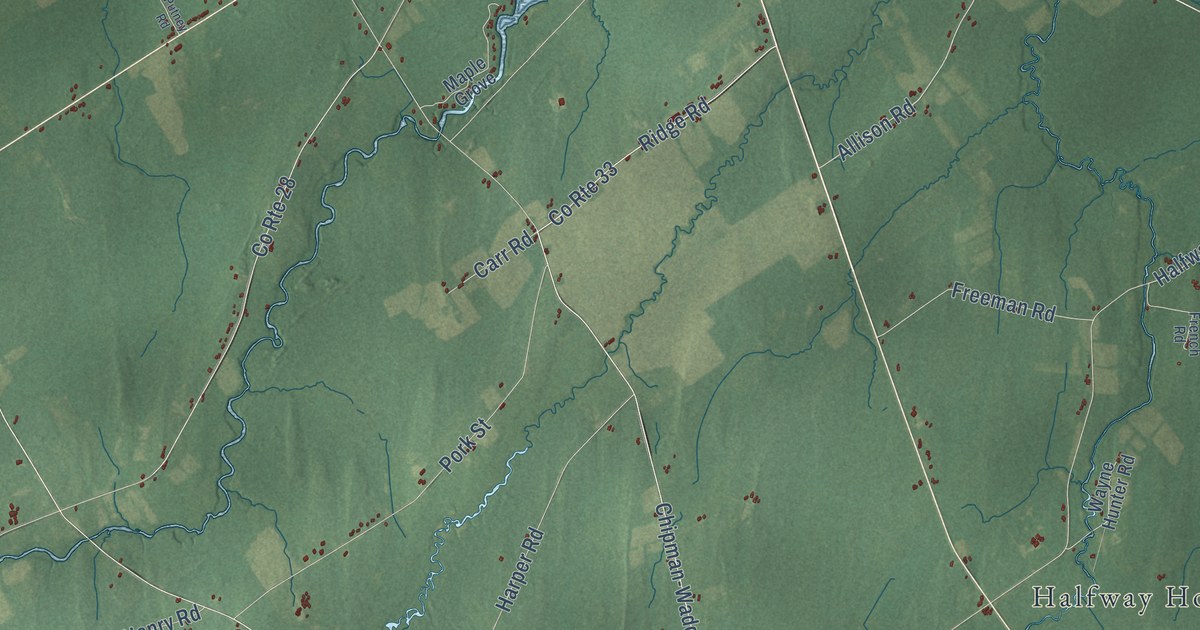 Close-up of streets and buildings in Waddington, New York