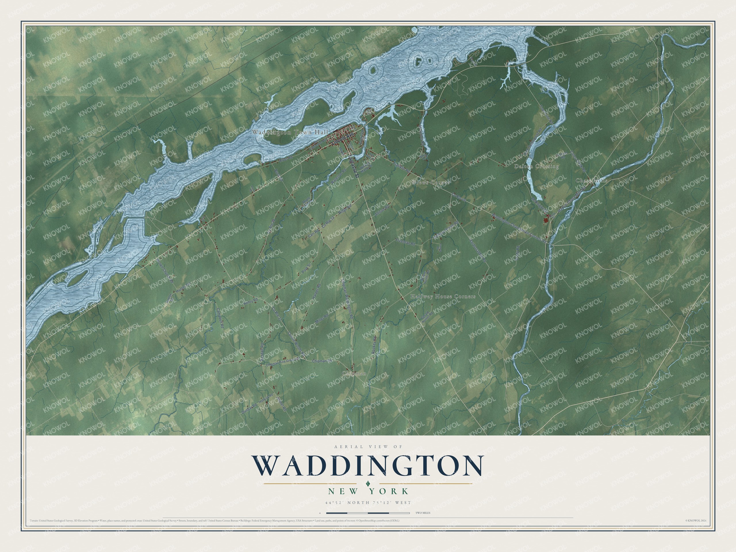 Detailed map of Waddington, New York, showing streets, buildings, and neighborhoods