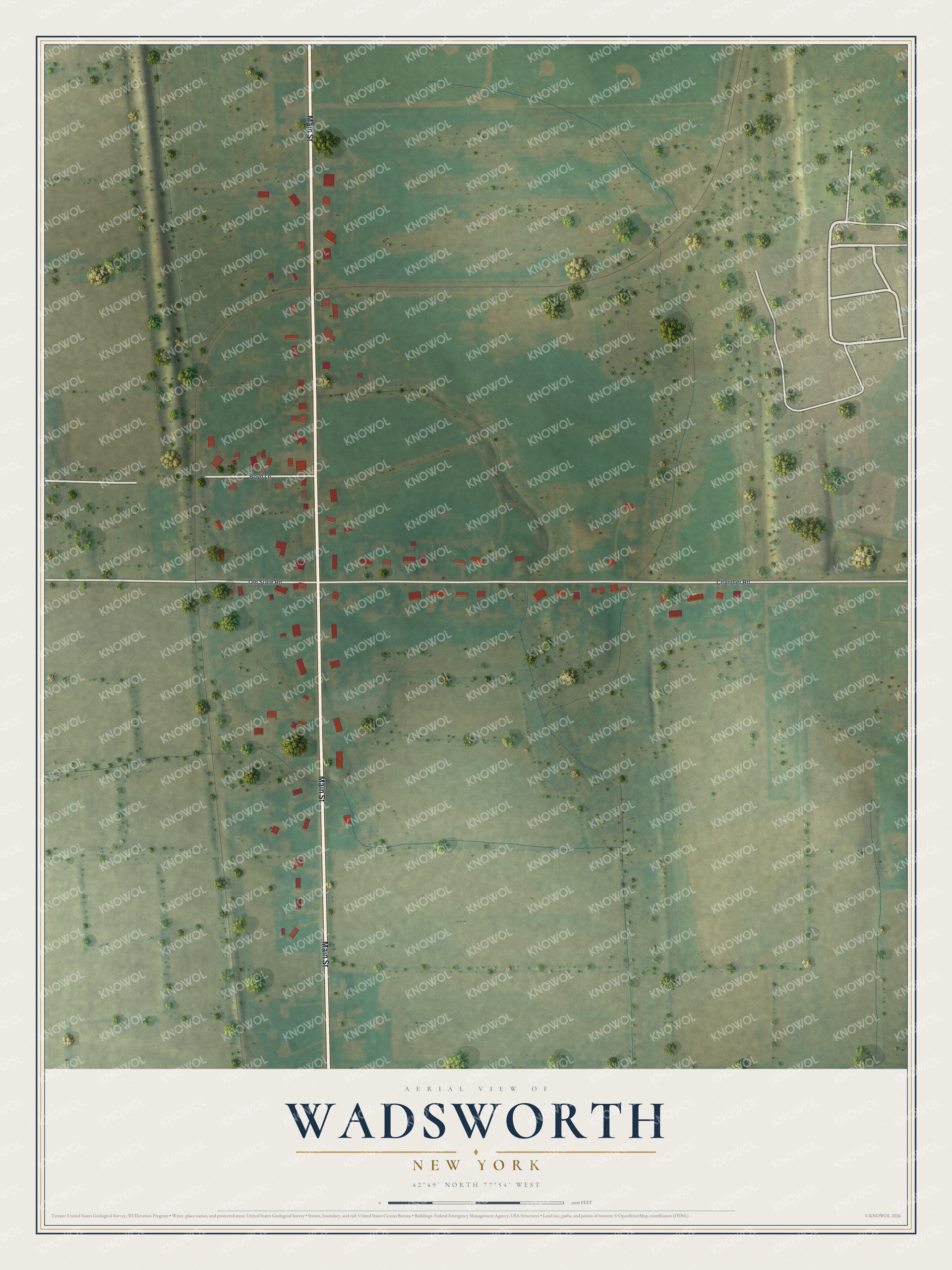 Full map of Wadsworth, New York, with red buildings, printed street names and the land around them