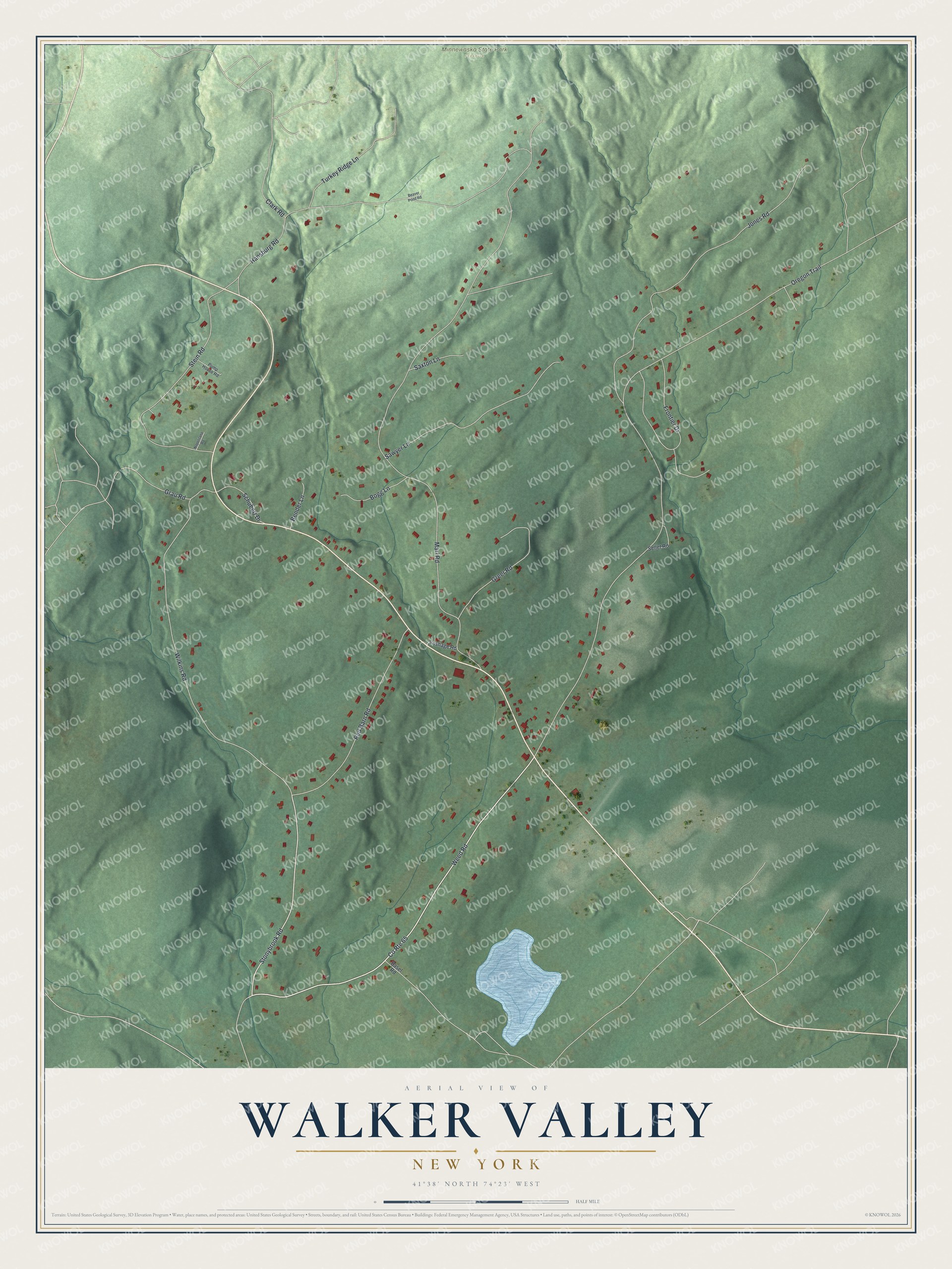 Full map of Walker Valley, New York, with red buildings, printed street names and the land around them