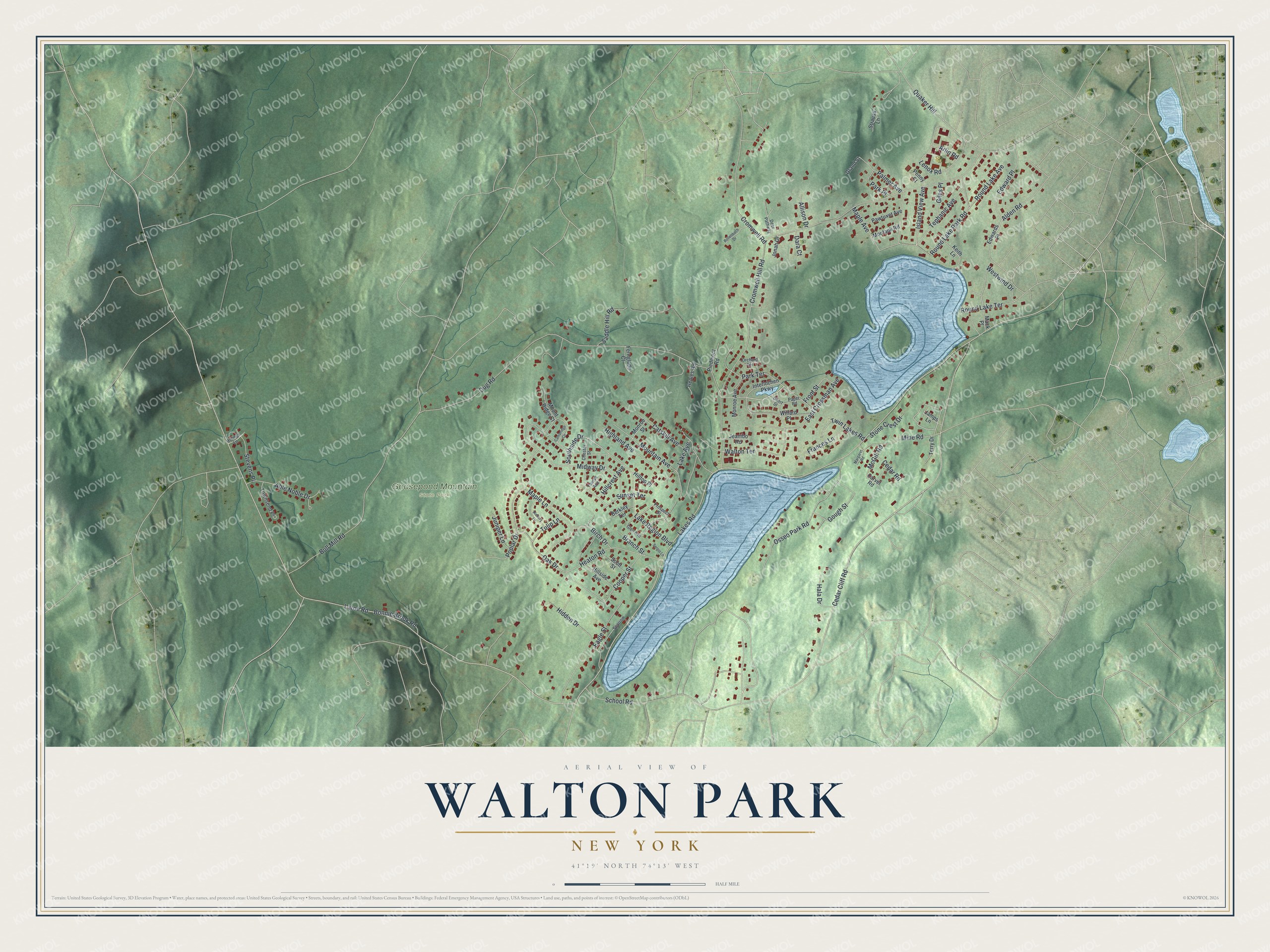 Full map of Walton Park, New York, with red buildings, printed street names and the land around them