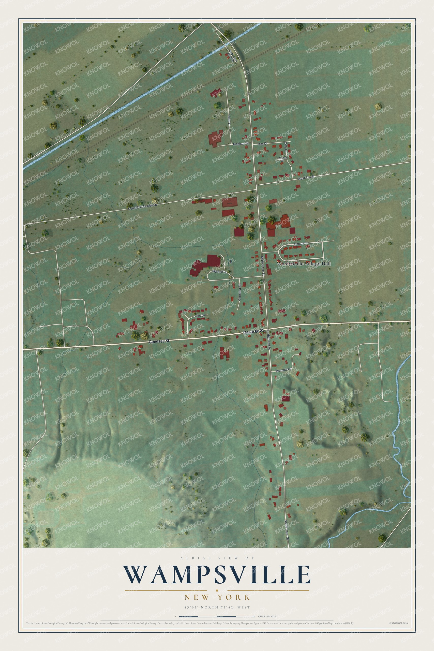 Full map of Wampsville, New York, with red buildings, printed street names and the land around them