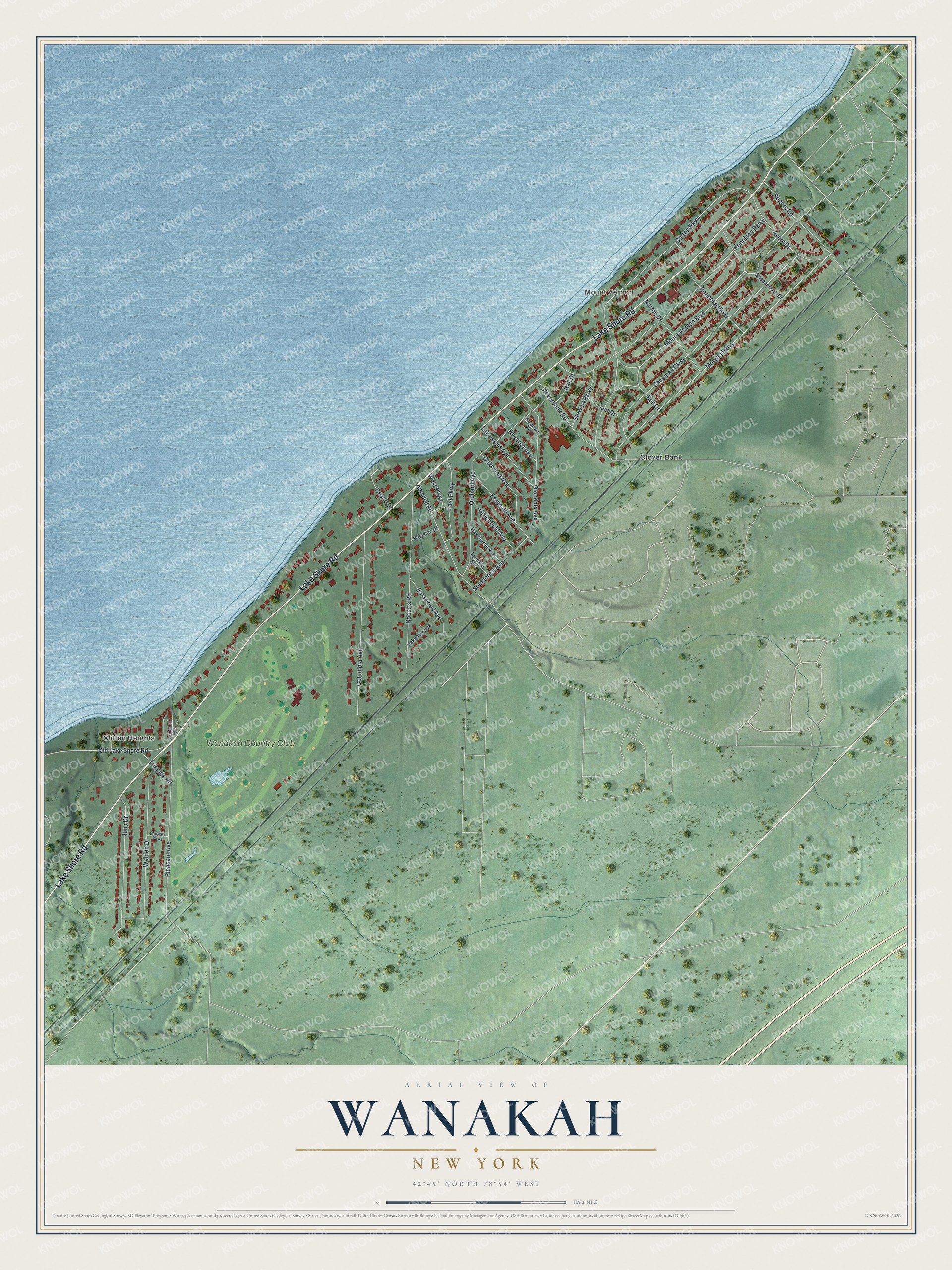 Full map of Wanakah, New York, with red buildings, printed street names and the land around them