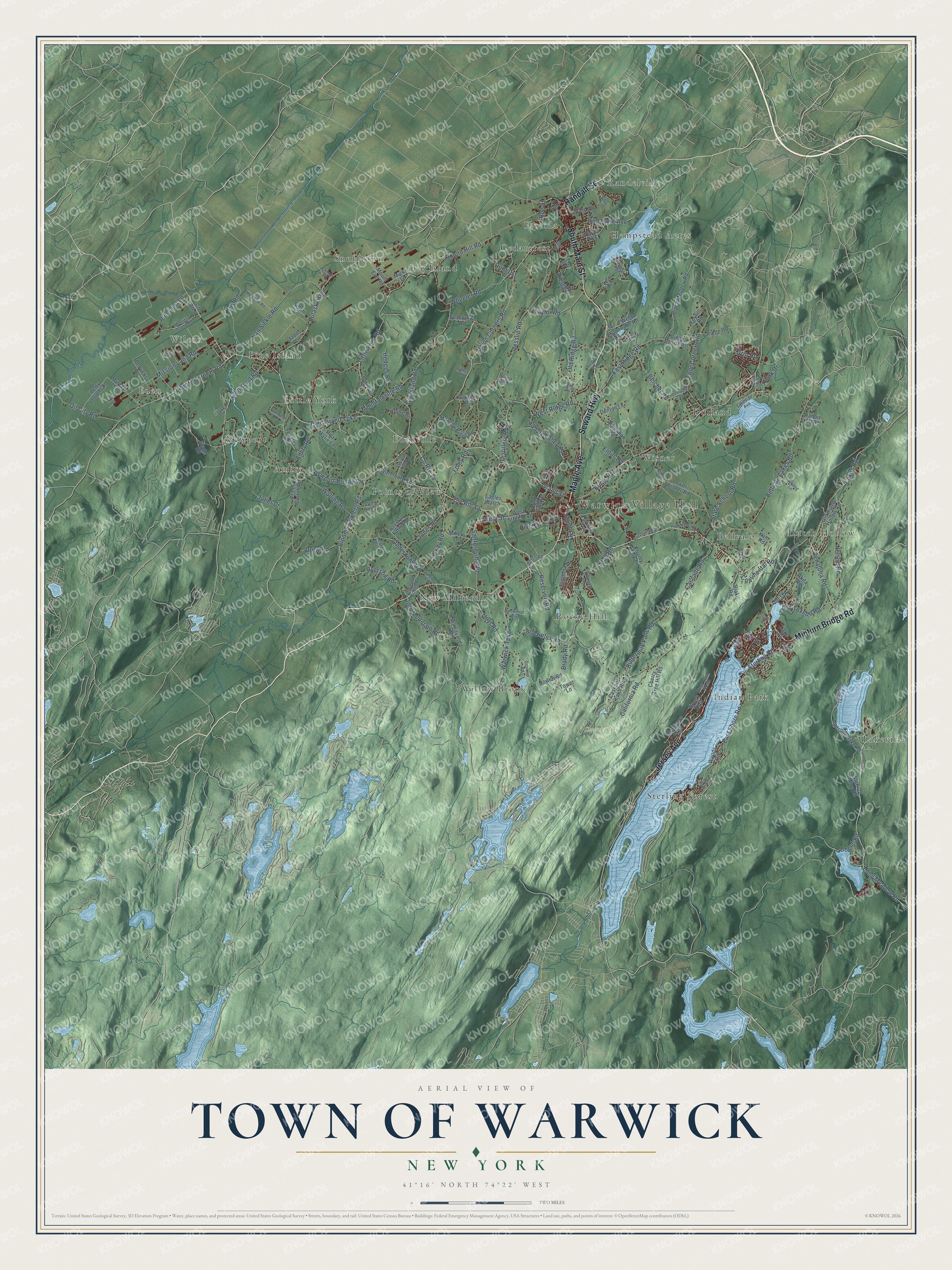 Detailed map of the Town of Warwick, New York, showing streets, buildings, neighborhoods, and parks