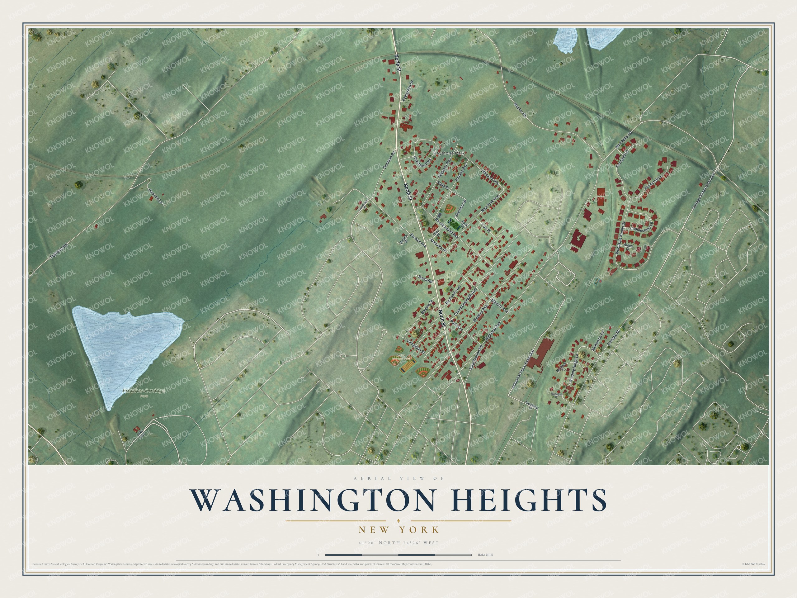 Full map of Washington Heights, New York, with red buildings, printed street names and the land around them