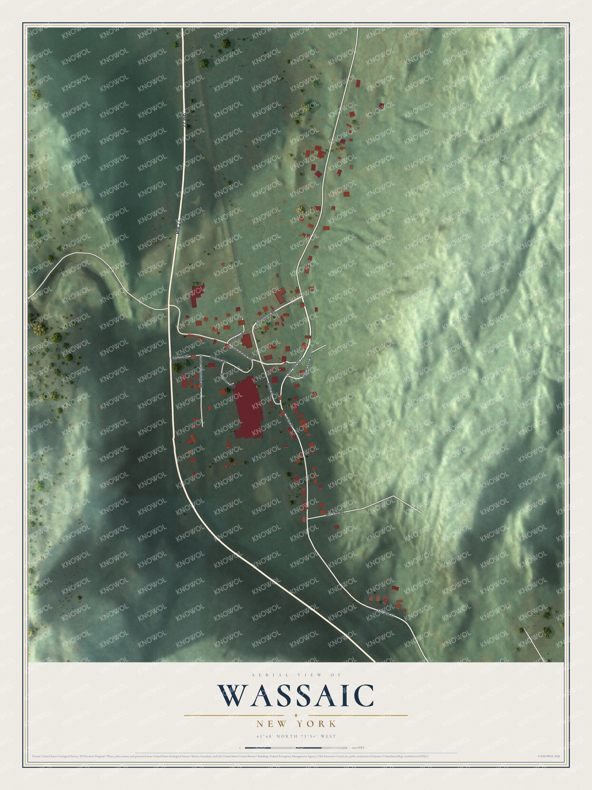 Full map of Wassaic, New York, with red buildings, printed street names and the land around them