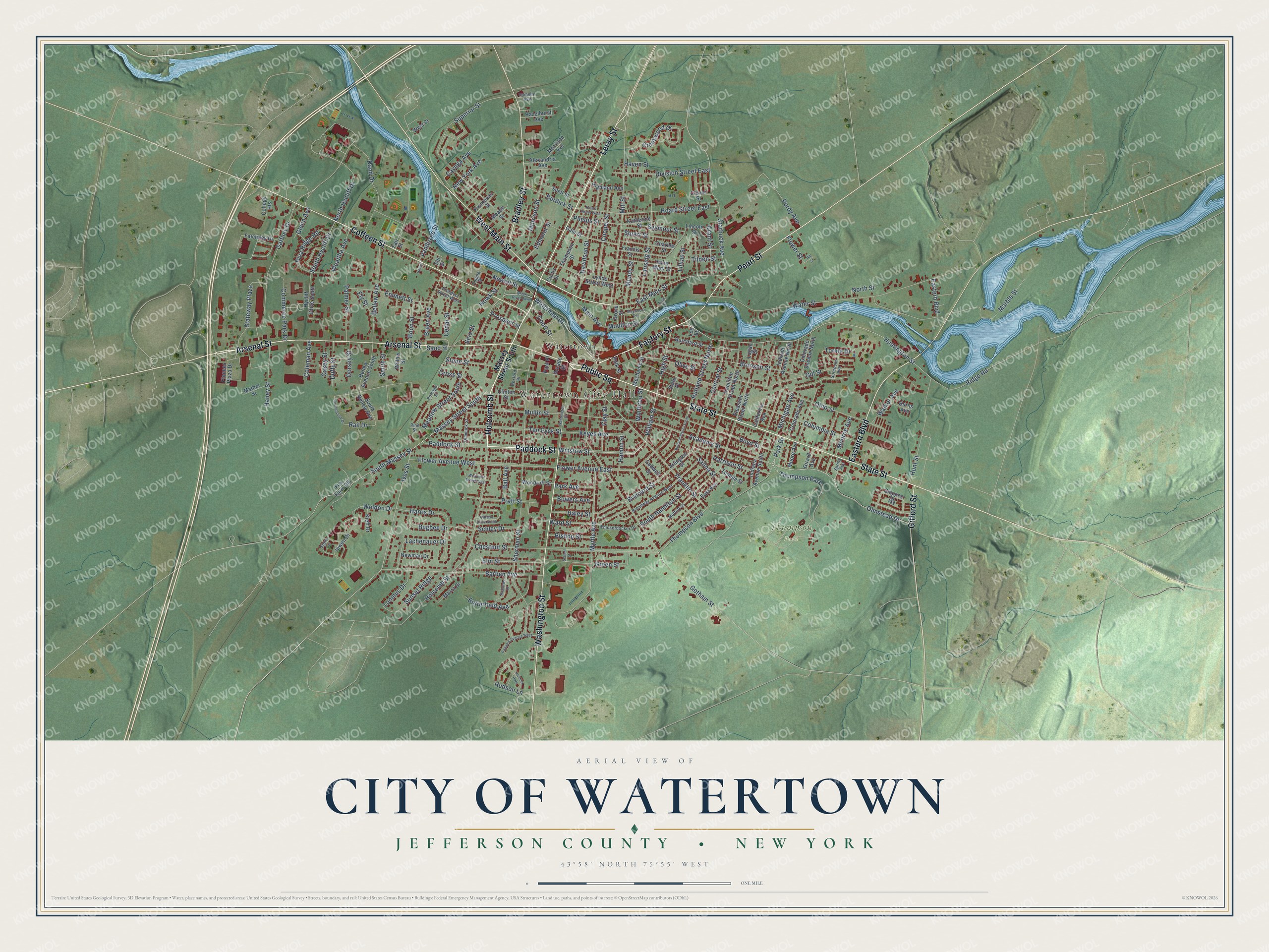 Detailed map of the City of Watertown, Jefferson County, New York, showing streets, buildings, and parks
